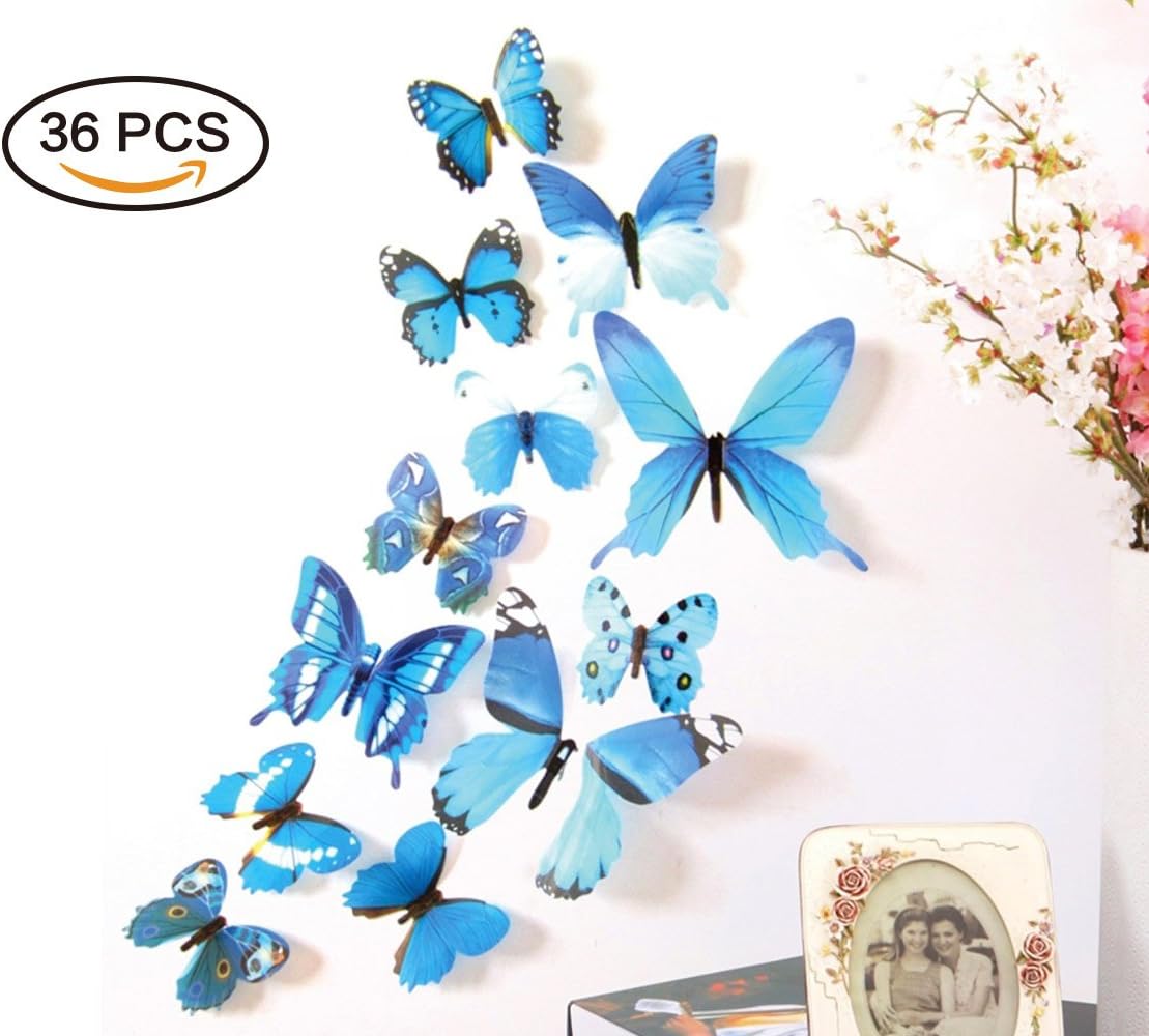 36PCS Butterfly Wall Decals - 3D Butterflies Wall Stickers Removable Mural Decor Wall Stickers Decals Wall Decor Home Decor Kids Room Bedroom Decor Living Room Decor-Blue : Baby