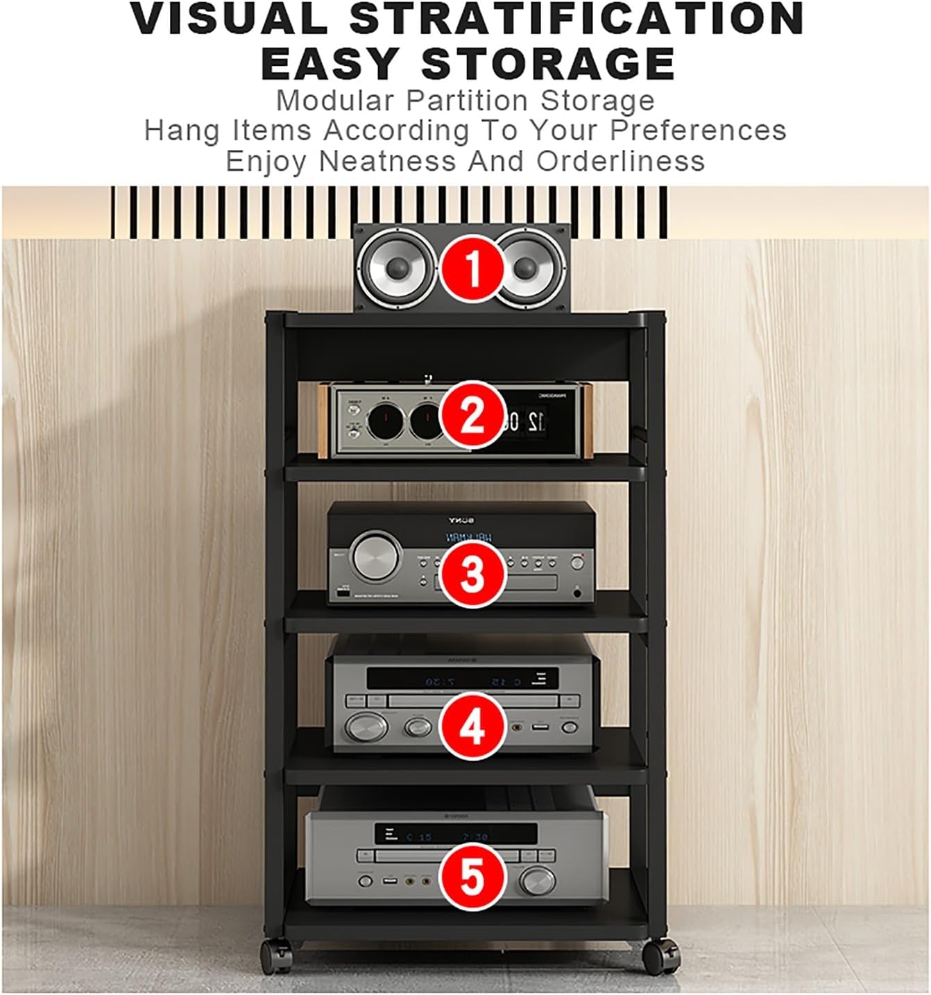 Audio Rack Gaming Shelf Floor-Standing Audio Rack Modern Audio-Video Media Stand with Universal Wheel Mobile Media Storage Stands for Meeting Livingroom Gaming Recording Room.(Black,50x40x48.5cm)