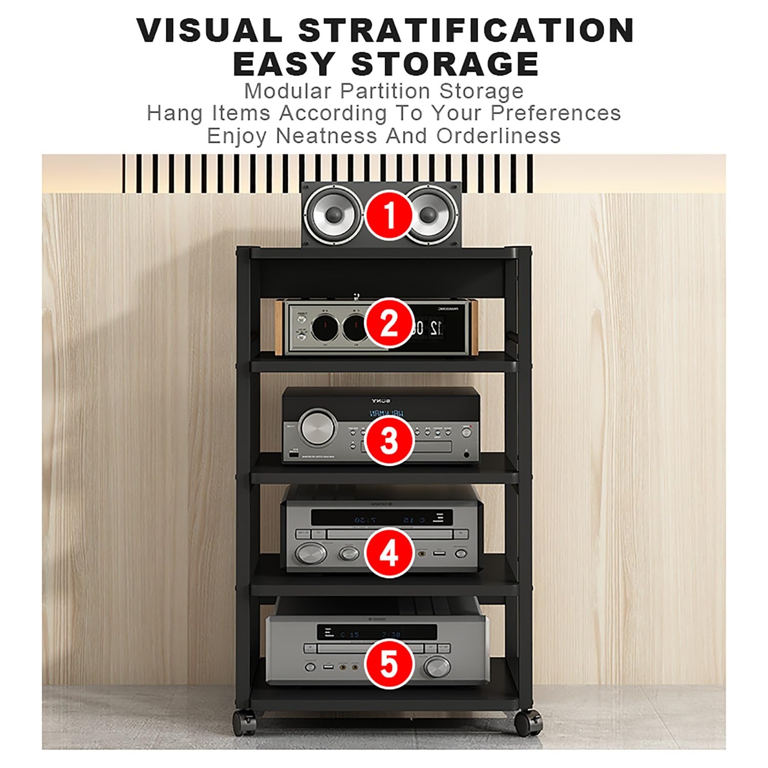 Audio AV Tower Media Stand Mobile Multimediale Audio-Video con Ruote Universali Mobile Stereo HiFi Rack Supporto Rack Audio Mobile per Soggiorno Sala Teatro Sala Giochi.(Black,50x40x48.5cm)