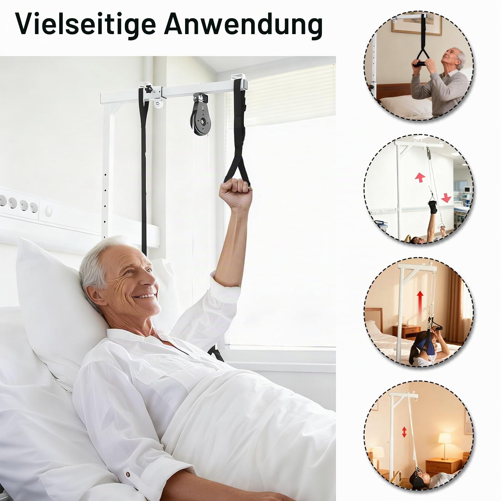 Unabhängiger Aufrichthilfe für Senioren, 130-175CM höhenverstellbar Bettlift mit Multifunktional Trapezgriff, Riemenscheiben und Riemen, Stabiler Bettaufrichter, Aufrichthilfe bis 100 kg