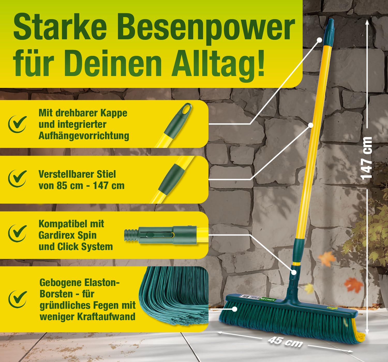 GardiREX - Escoba con Mango telescópico Extensible, Escoba con cerdas Curvas, Juego de 45 cm de Ancho, Cepillo para Limpieza de jardín, Caminos, Rocas y estructuras de Suelo, Adecuado para Caminos,