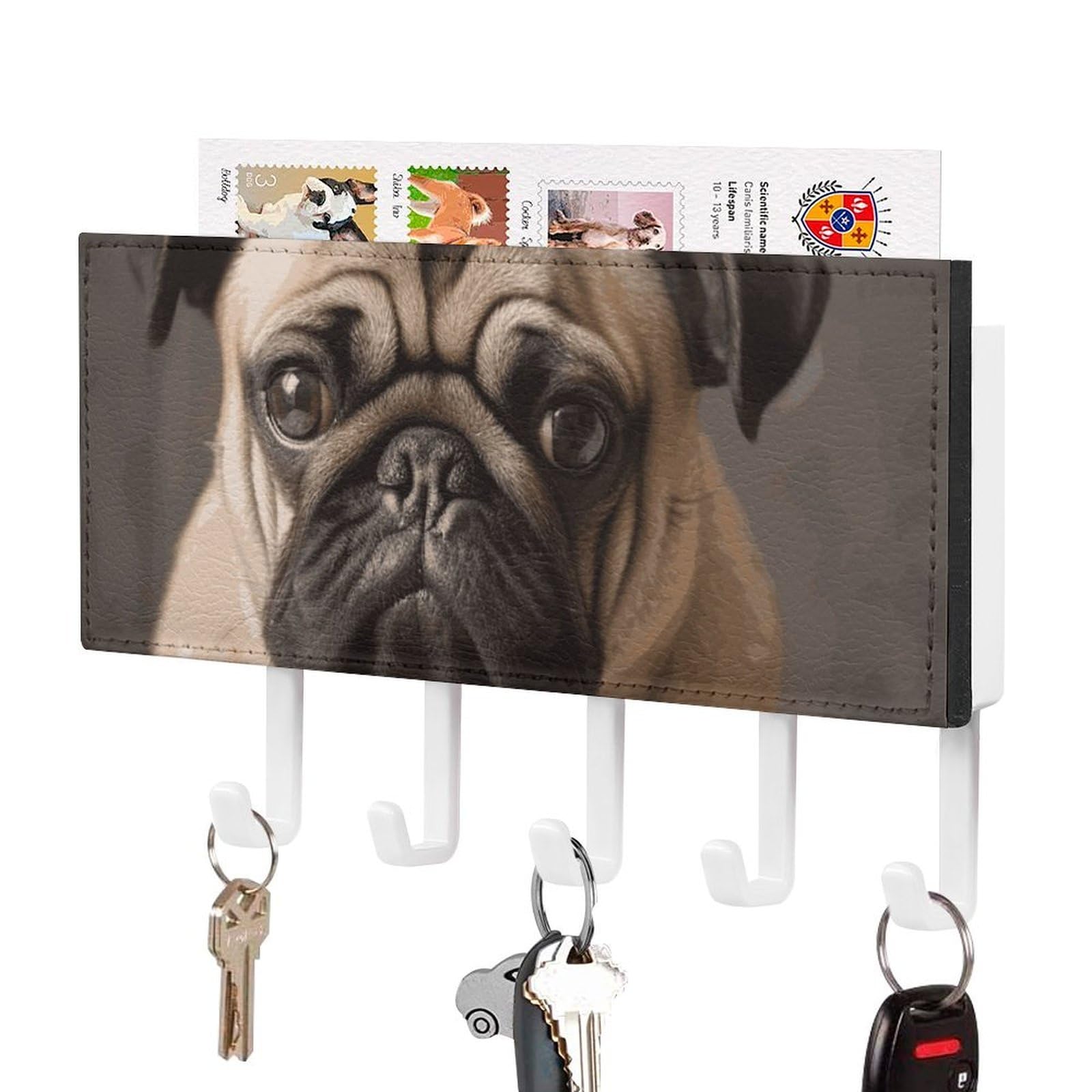 JTREHY Animal Pug Dog Holder Wall-Mounted Key and Mail Holder,Key Rack with 5Keys Hooks, Easy to Install Mail Organizer for Entryway, Front Door, Hallway, Office