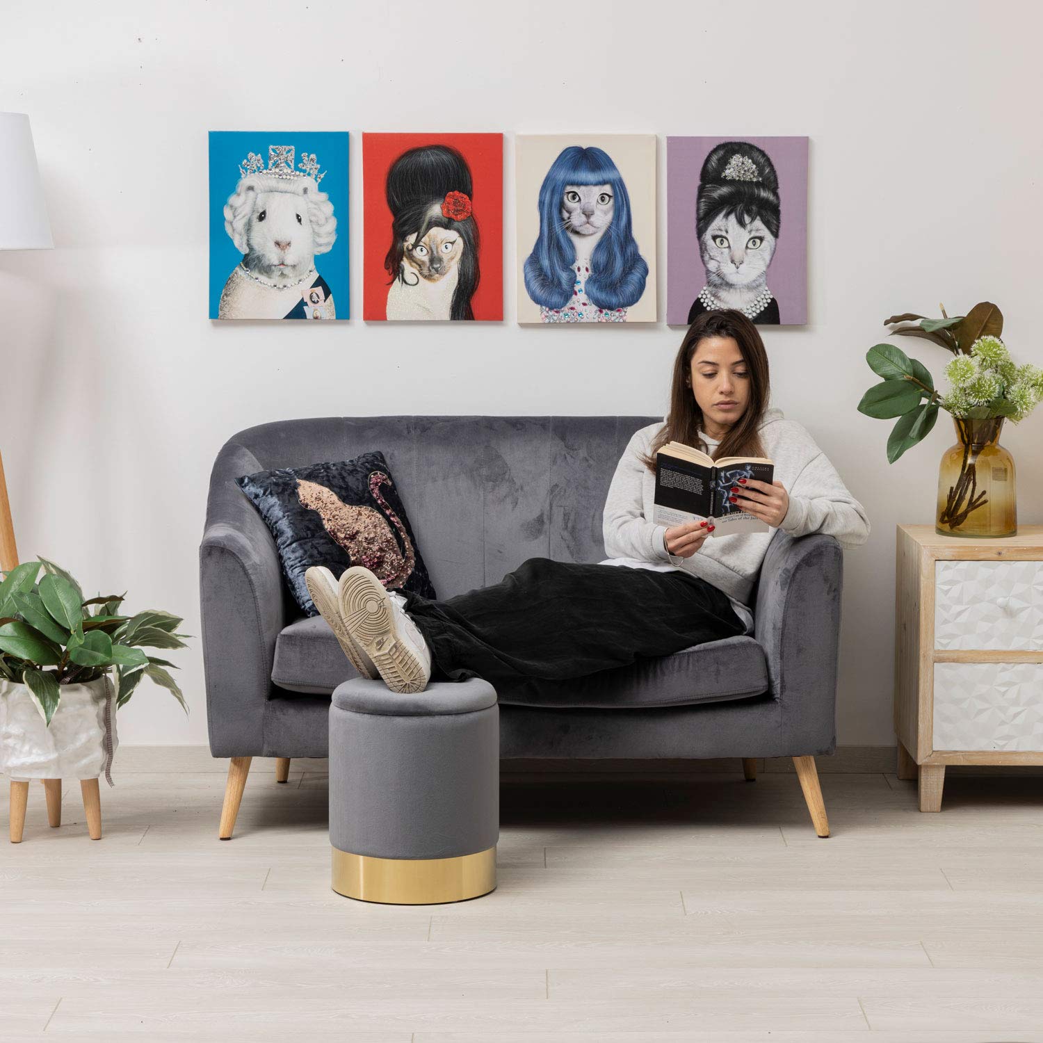 Pouf Contenitore In Velluto - 42x42x45 Cm, Gambe In Metallo Oro, Colore Tortora, Per Soggiorno E Camera