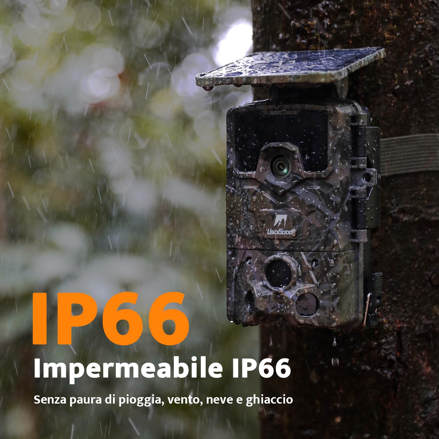 usogood Fototrappola Solare 4K 48 MP, Batteria al Litio da 2600 mAh Integrata, Fototrappola Notturna con Visione Notturna Attivata dal Movimento, Includere Scheda di Memoria da 32 GB IP66 Impermeabile