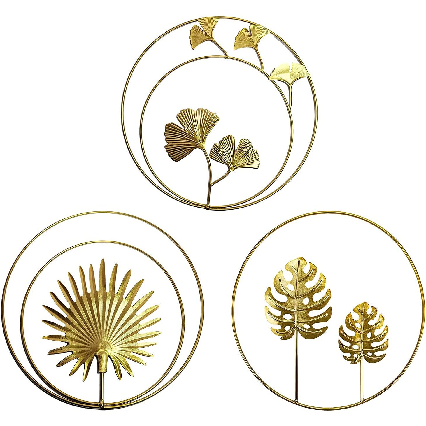 CTRLZS Iron Wall Decor,Gold Ginkgo,Maple,Monstera Leaf Wall Decor Round Wall Ornaments,for Bedroom Hanging Hotel Wall Decor