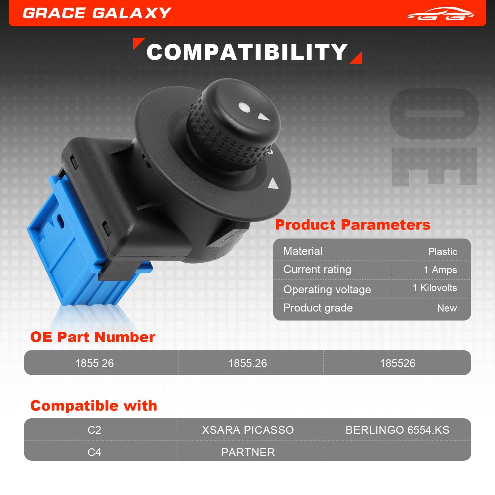 GraceGalaxy 1855.26 Bouton Réglage Rétroviseur électrique pour Partner 1007 | pour C2 C3 Xsara Picasso Berlingo,Interrupteur à Bouton de Réglage du Miroir