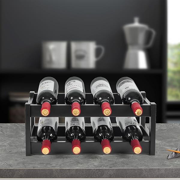 VASMIA Botellero de bambú, Soporte para 8 Botellas, estantes de Almacenamiento Independientes de 2 Niveles para Cocina, despensa, Bodega Bar,Negro - 3