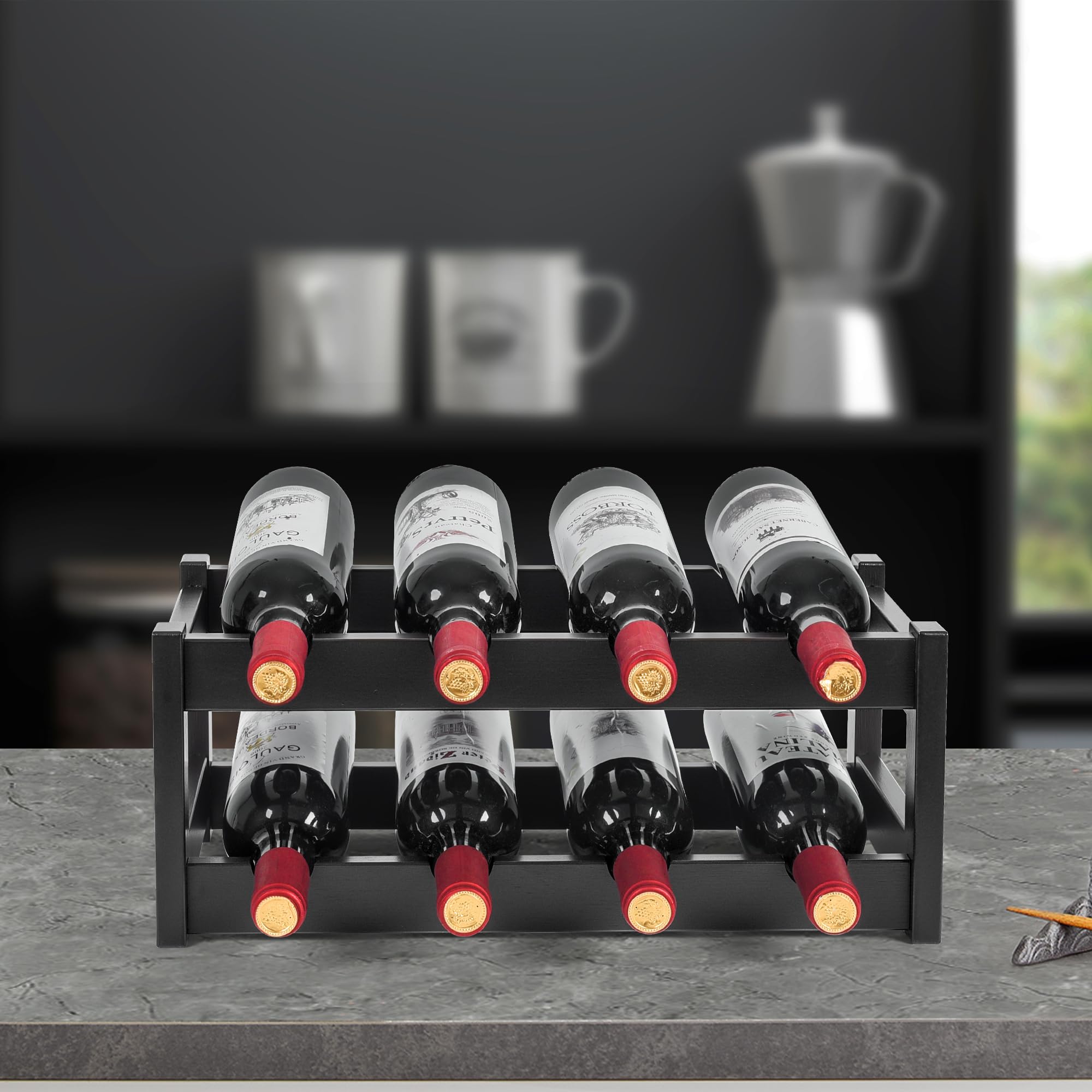 VASMIA Botellero de bambú, Soporte para 8 Botellas, estantes de Almacenamiento Independientes de 2 Niveles para Cocina, despensa, Bodega Bar,Negro - 4