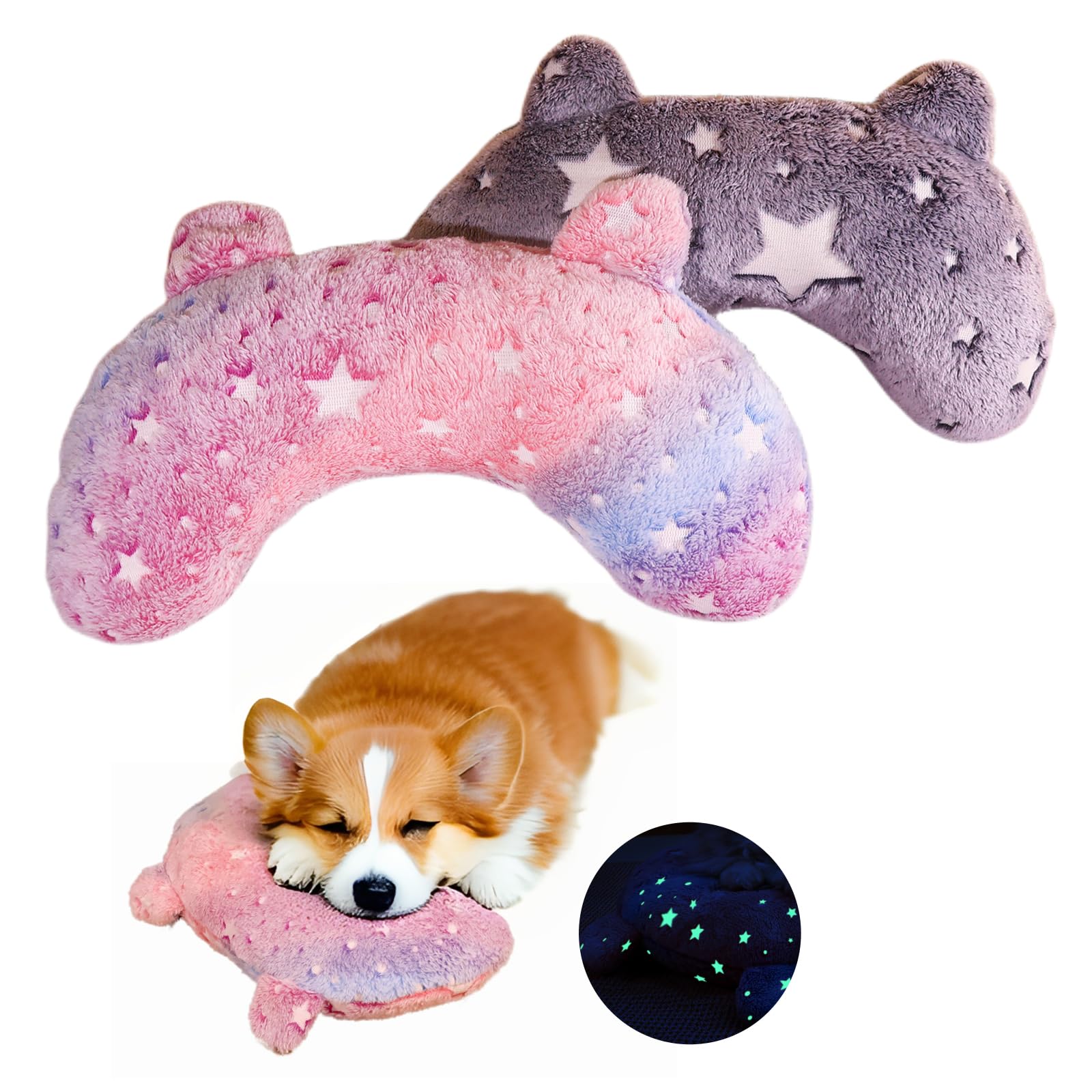 Marchul 2pcs Cat Pillow, Soft Dog Pillow for Small Dog, Cat Calming Pillow for Better Sleep, Glow in The Dark Dog Neck Pillow, Machine Washable (Pink+Grey)