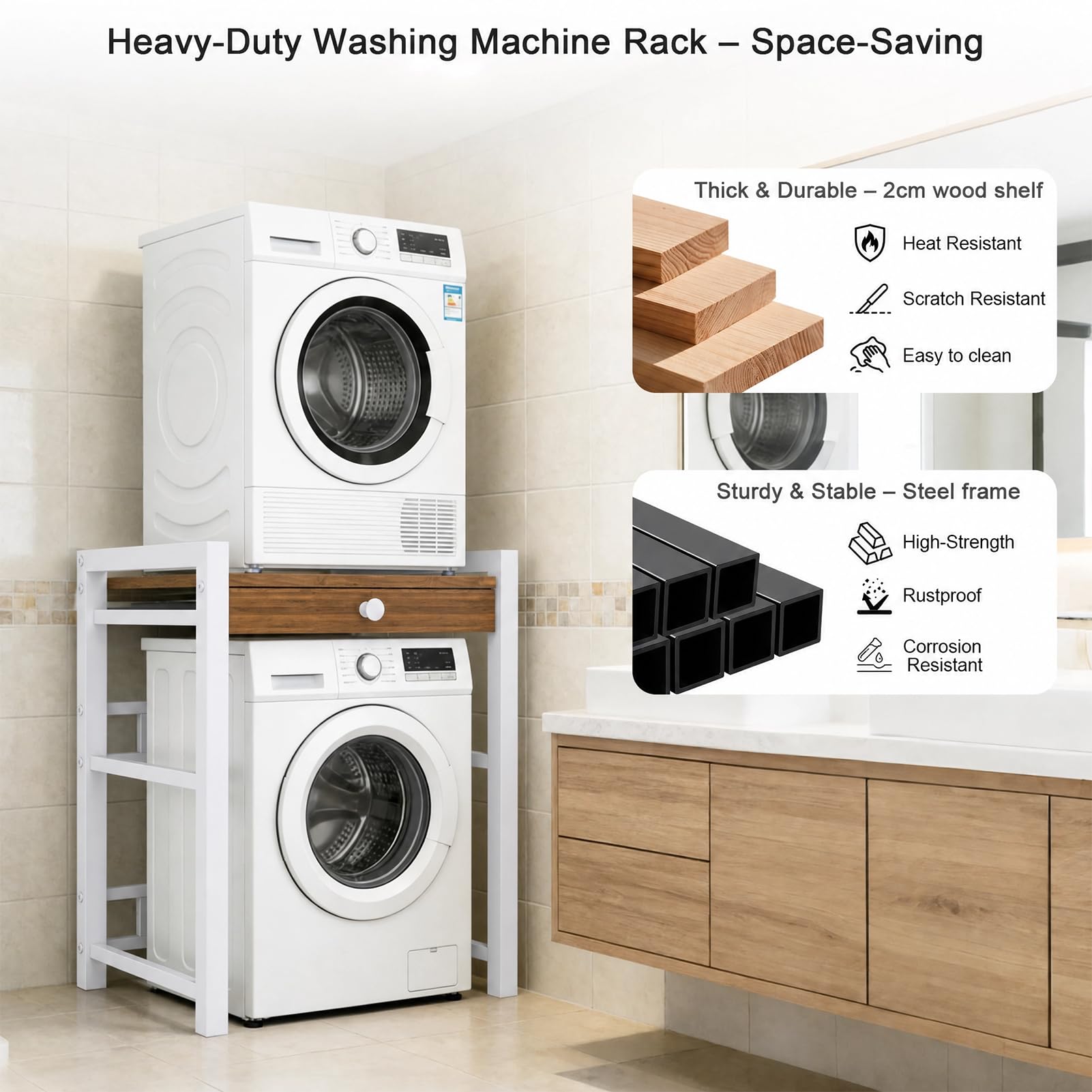 Meuble Machine à Laver, Meuble Lave Linge Seche Linge Superposé, Etagere Machine a Laver, Sans perçage, réglable en Hauteur, Armoire en Bois et MéTal, Capacité de Charge de 350 Kg (Blanc-Étagère)