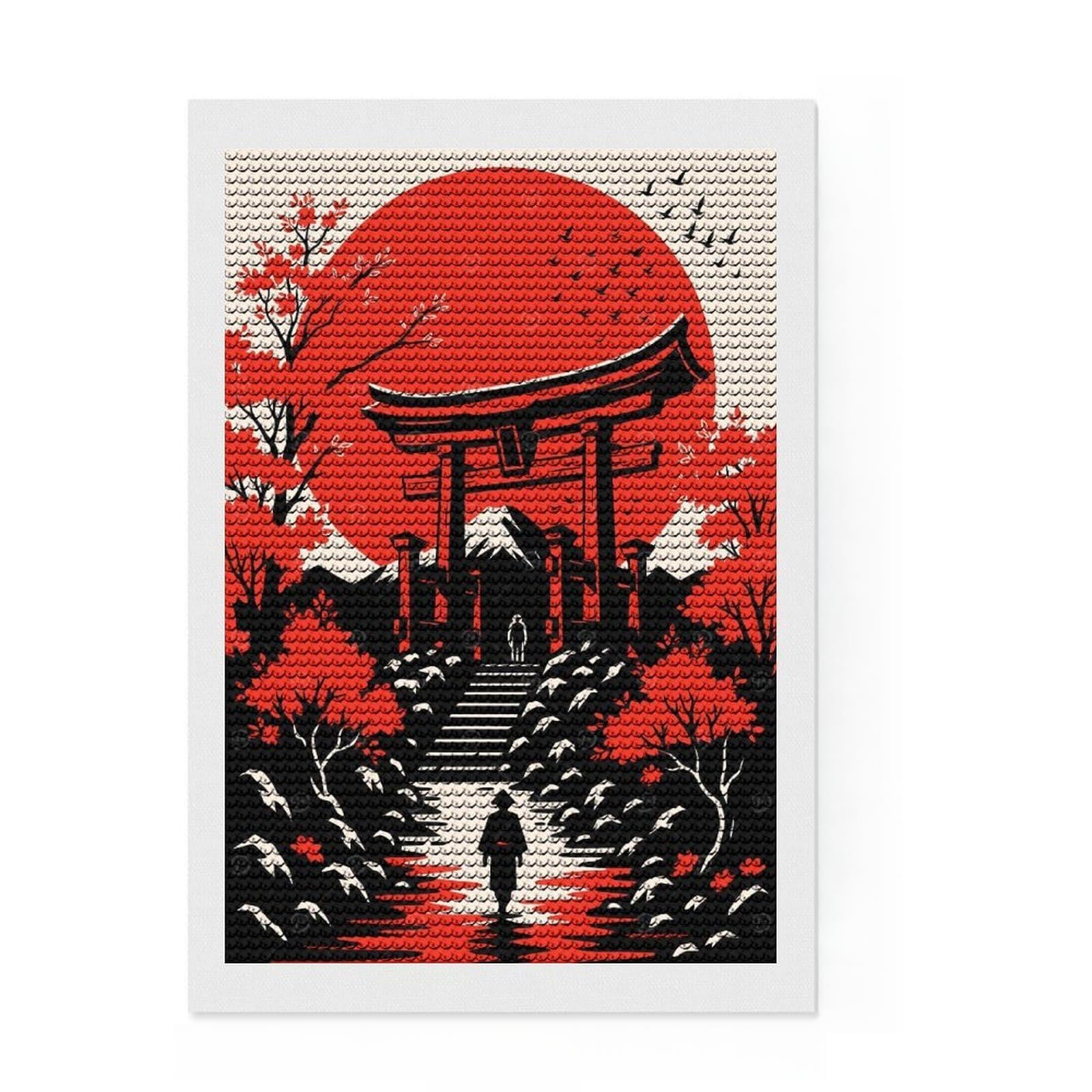 Junmoney Japanese Landscape with Torii Gate DIY Diamond Art Canvas Kit 8"x12", for Women, Mindful Craft Activity, Vintage Style Decor, Festive Craft Gift
