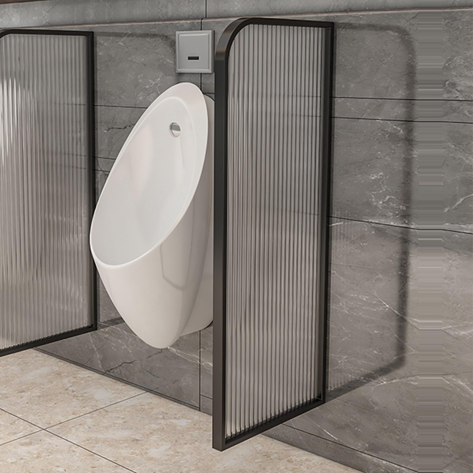 Deflector de urinario con marco de acero inoxidable y panel de vidrio para aseos