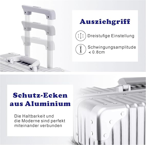 Aoliwei Aluminium Frame Suitcase XL (73 cm) - Robust 100% PC Hard Shell Trolley in Metal Look 78L Large Travel Suitcase for Check-in TSA Lock 4 Quiet 360° Double Wheels Silver