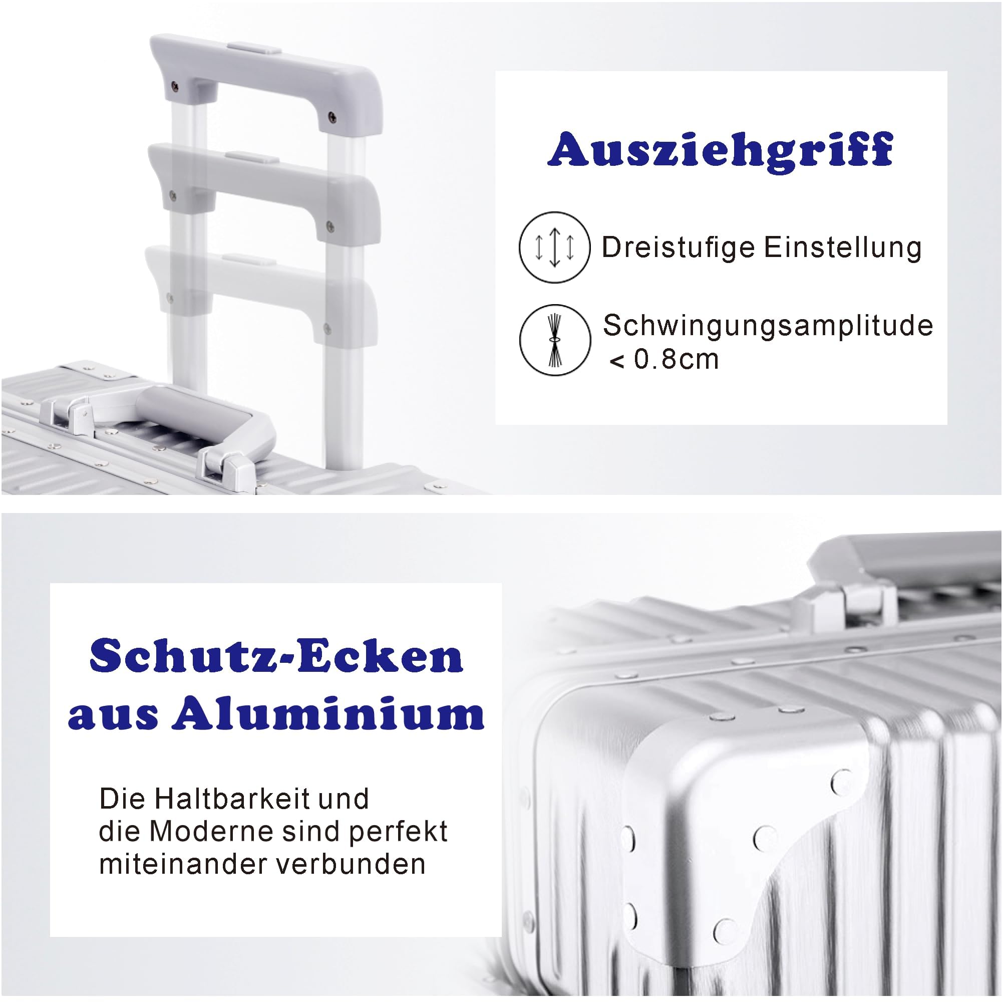 Aoliwei Aluminiumrahmen Koffer S 55cm Handgepäck Hartschalen-Trolley Metall-Optik 35L Business Reisekoffer TSA 4 Rollen Silber