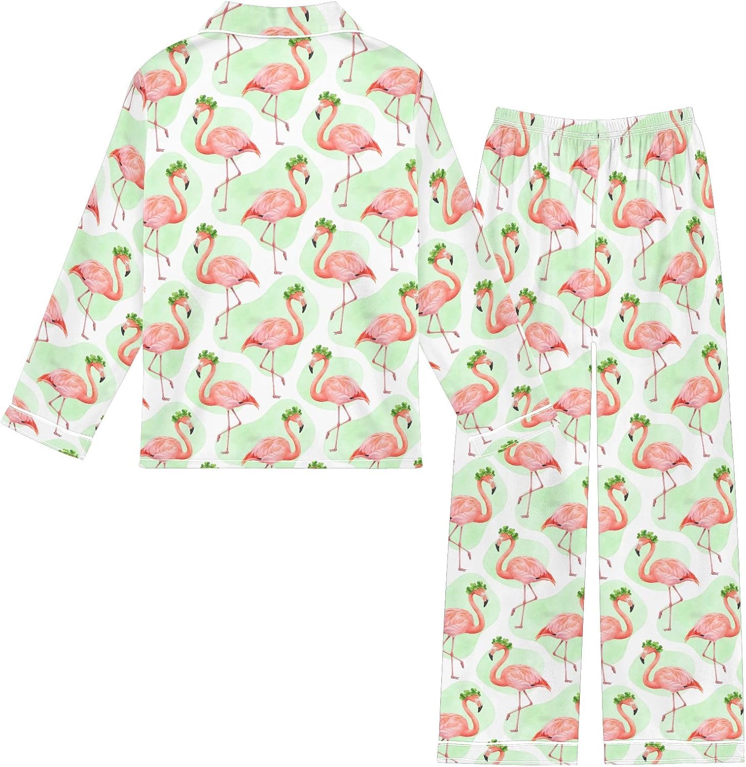 Kids Casual Satin Wear Set Four Leaf Clover Flamingo Unisex Relaxed Fit Clothing