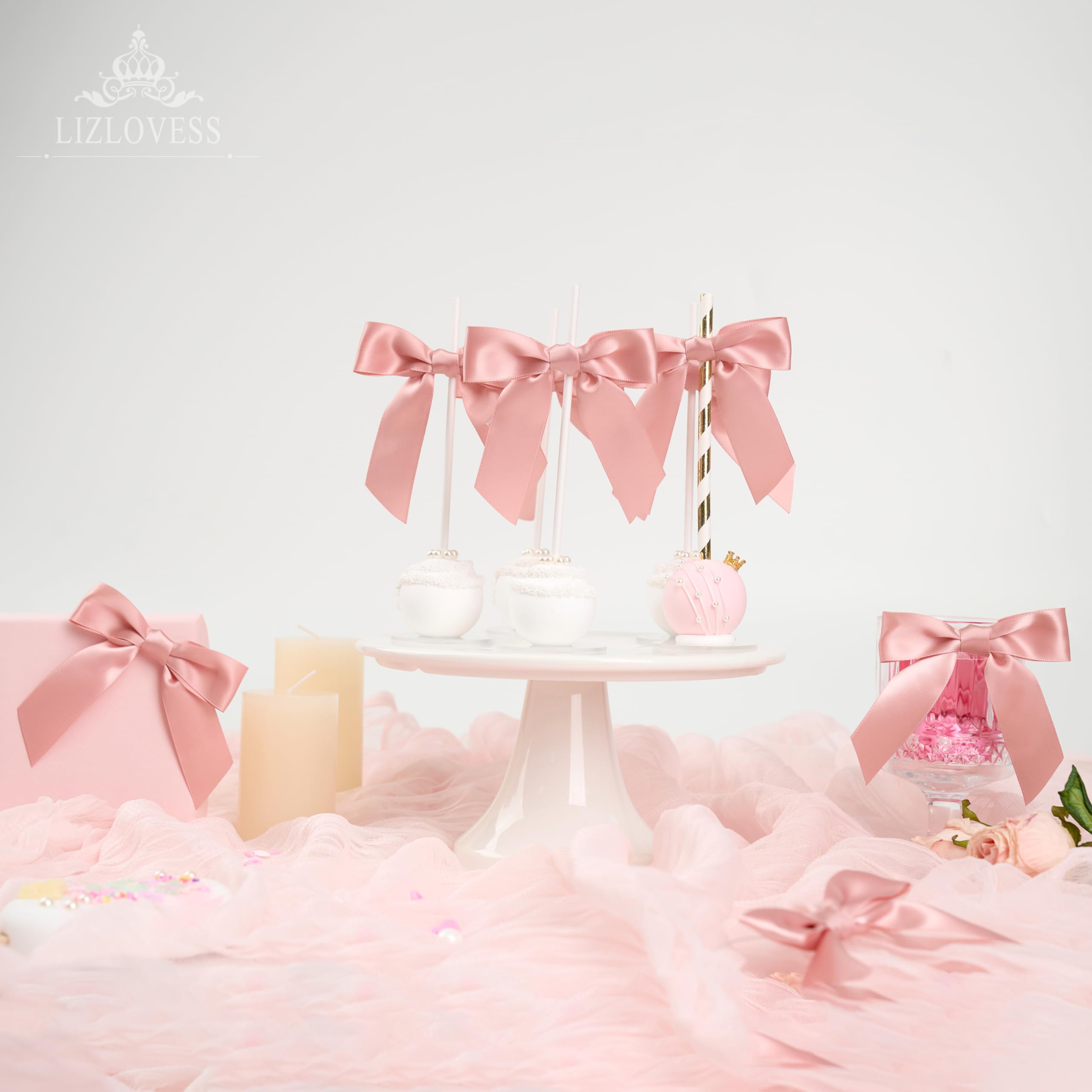 50 Premade Satin Bows - 2.5 Inch Pink Twist Tie Gift Decorations