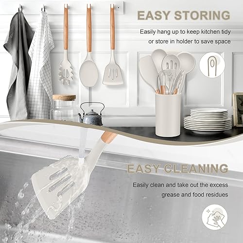 Miniatura 7 de P&P CHEF Juego de utensilios de cocina de silicona, juego de 12 utensilios de cocina con mango de madera para utensilios de cocina antiadherentes,