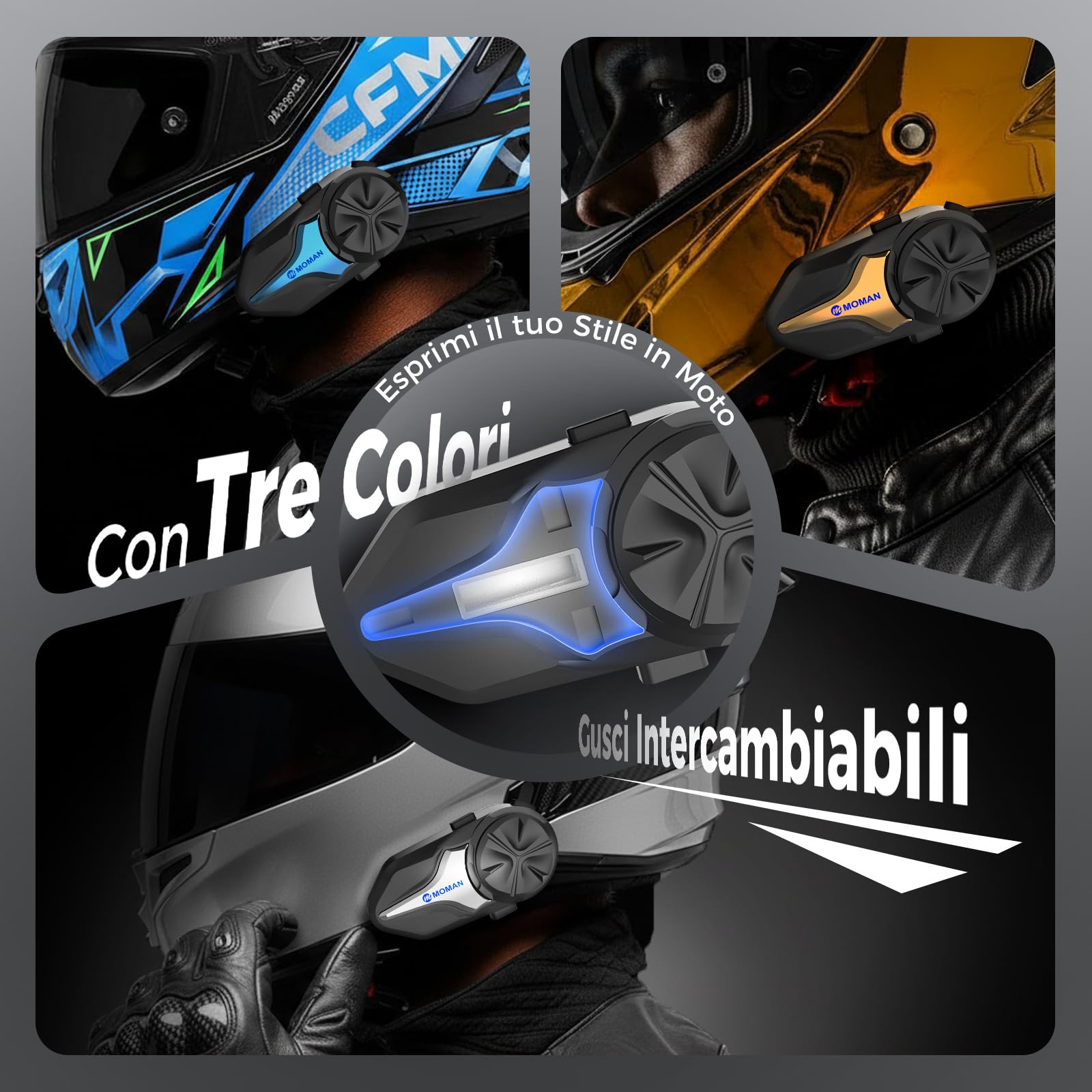 Moman CPX Mesh Interfono Moto - 24 Persone Due Modalità, Auricolare Casco Moto 2000M Sistema di Comunicazione, Audio Multitasking BT 5.4 Quad Riduzione del Rumore AI Hi-Fi Stereo/Impermeabile, Doppio
