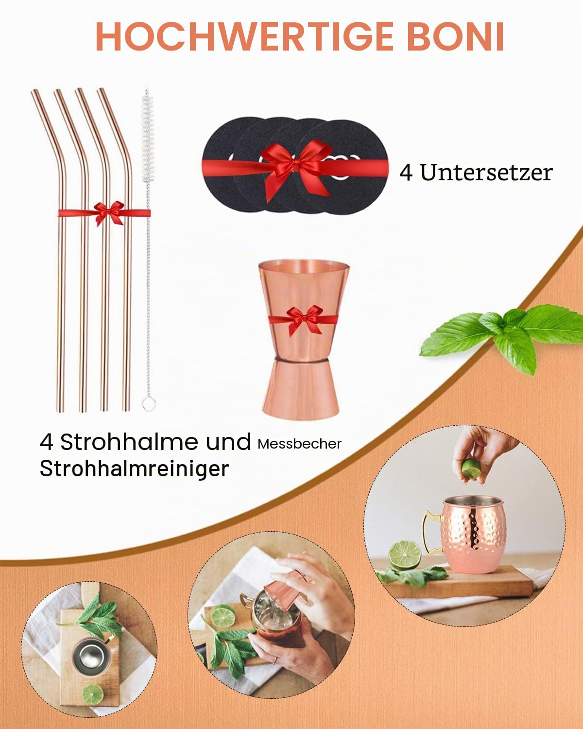 LIVEHITOP 19,5 Oz Moscow Mule Tasse‌ 4er Set, Gehämmerte Kupferbecher mit Jigger für Kaltgetränke, Zuhause, Bar, Party, Geschenk