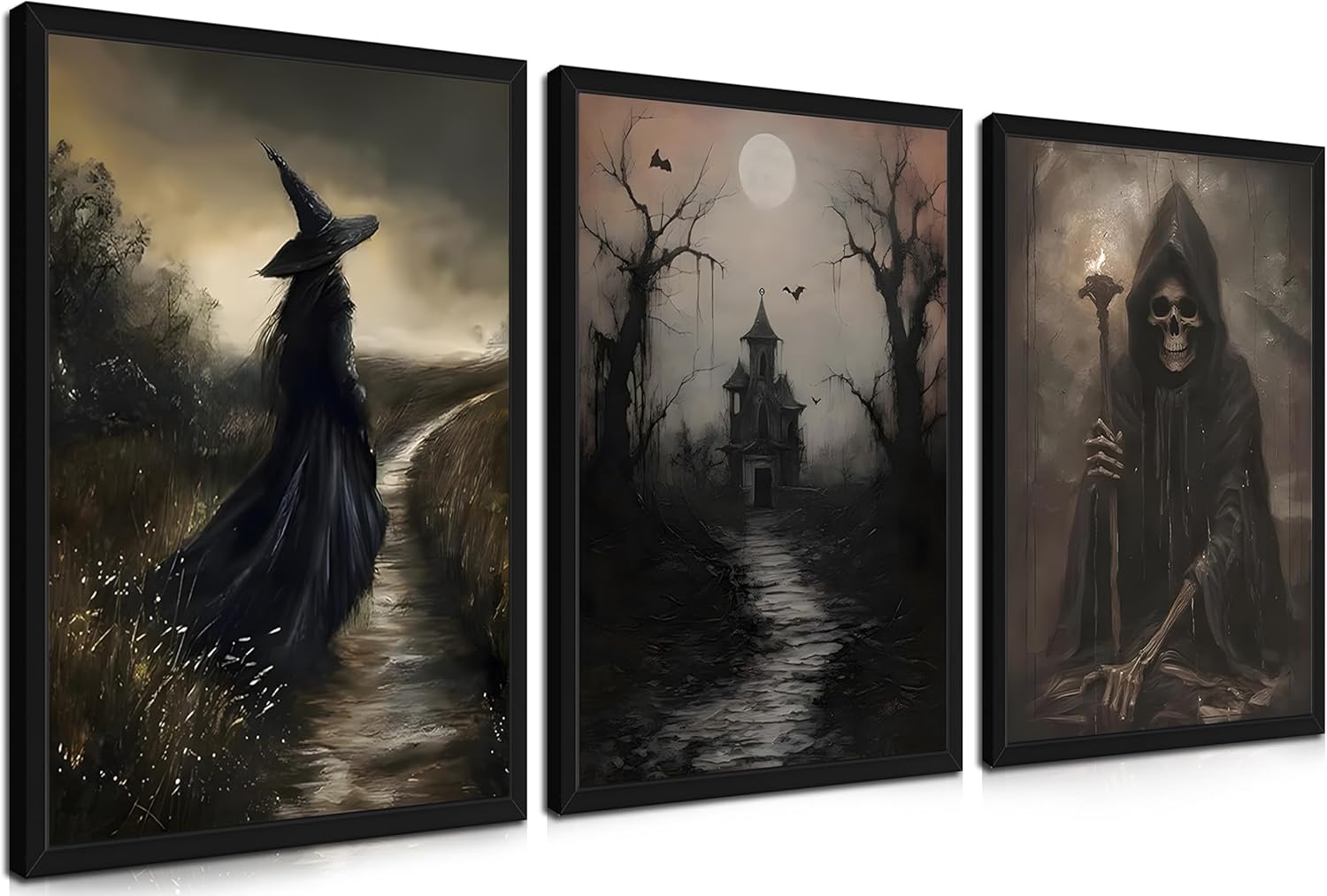 Halloween Wall Art Set of 3, Dark Gothic Rustic Skull Witch Wall Decor Paintings, Vintage Dark Moody Academia Spooky Haunted House Posters Prints Pictures for Living Room 16x24 Inch Wood Framed Dark Witch Framed 24L" x 16W"