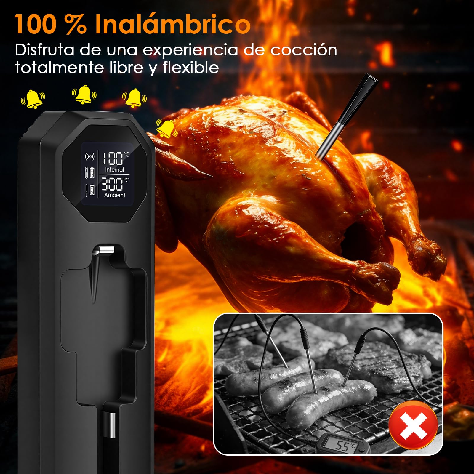 Dreamhigh® Termometro Digital Cocina con Bluetooth, 2 Sondas, IP67 Impermeable​, 0-300°C, Termometro Carne para BBQ, Grill, Cocina, Asador