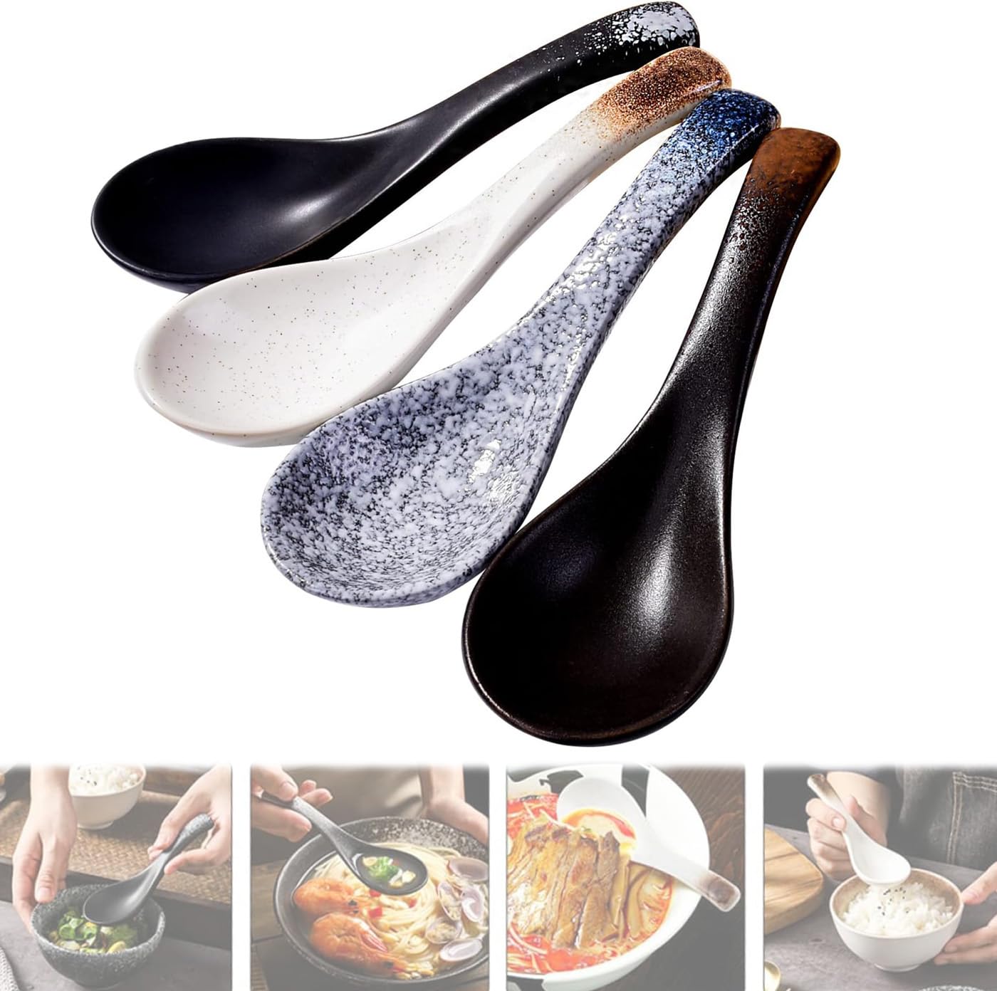 Azonee Ceramic Asian Soup Spoons Chinese Tablespoons Porcelain Rice Spoons Ramen Spoon Retro Porcelain Spoon Rice Spoons for Cereal Stews Ramen Pho Wonton Dumpling Miso Soup Ice cream Oats 4PCS