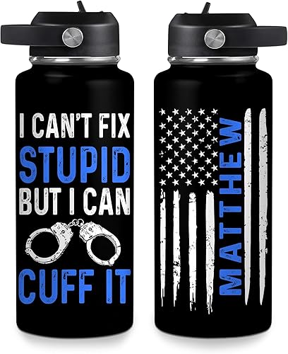 Vista 22 de Hyturtle Botella de agua personalizada de policía, botella de acero inoxidable aislada de 18 onzas, 32 onzas, bandera de línea azul fina, regalo