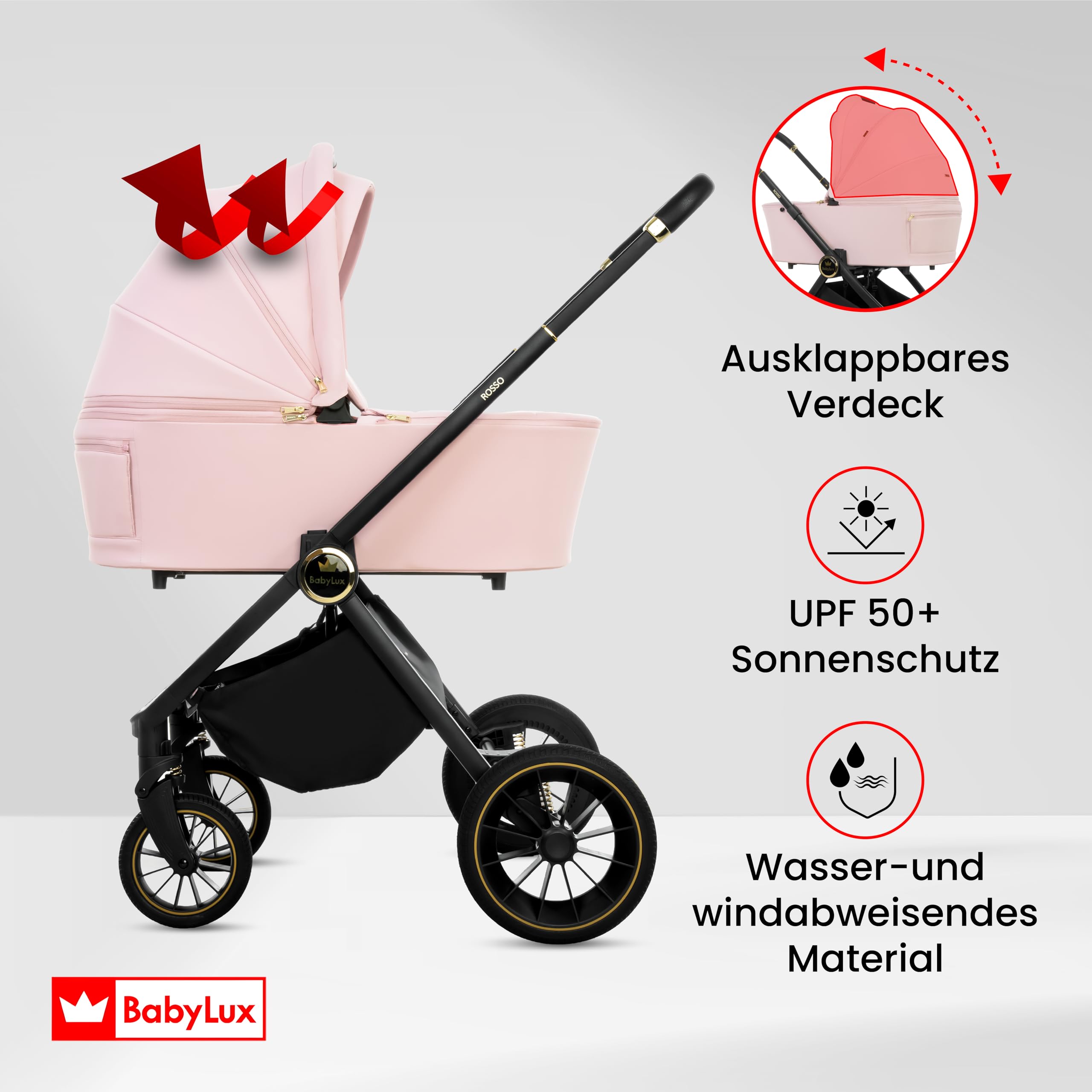 BabyLux® Kinderwagen 3in1 Set ROSSO, Faltbar Leicht Kombikinderwagen Set incl. Babywanne, Buggy Sportsitz, Babyschale i-Size, Wickeltasche und mehr Zubehör, 4 Liegepositionen, 0-22kg, UV Schutz 50+