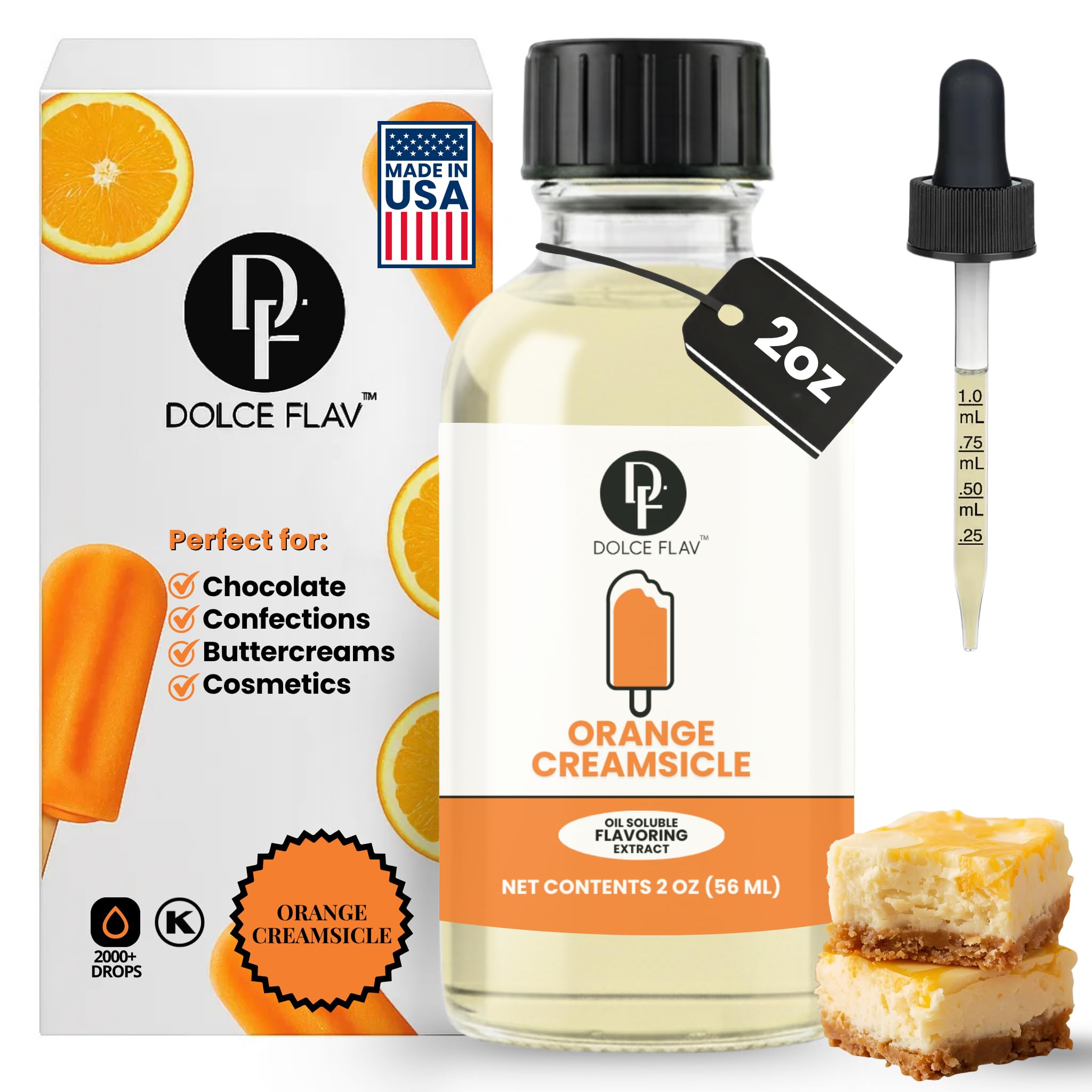 Dolce Flav Orange Creamsicle Extract - 2 Ounce Oil-Soluble Kosher, Sugar-Free, Concentrated Orange Creamsicle Flavor for Candy, Chocolates & Desserts, Includes Measured Dropper