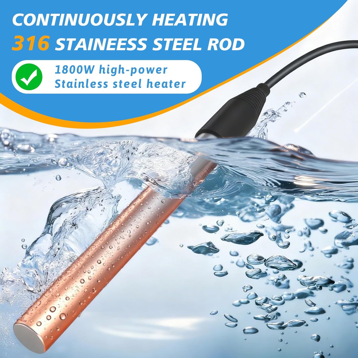 1800W Immersion Water Heater, Electric Fully Sumbersible Pool Heater, Fast Heating Stainless Steel Bathtub Heater, for Small Inflatable Swim Pool, Stock Tank, Hot Tub, Baptistry, Camping, Bucket