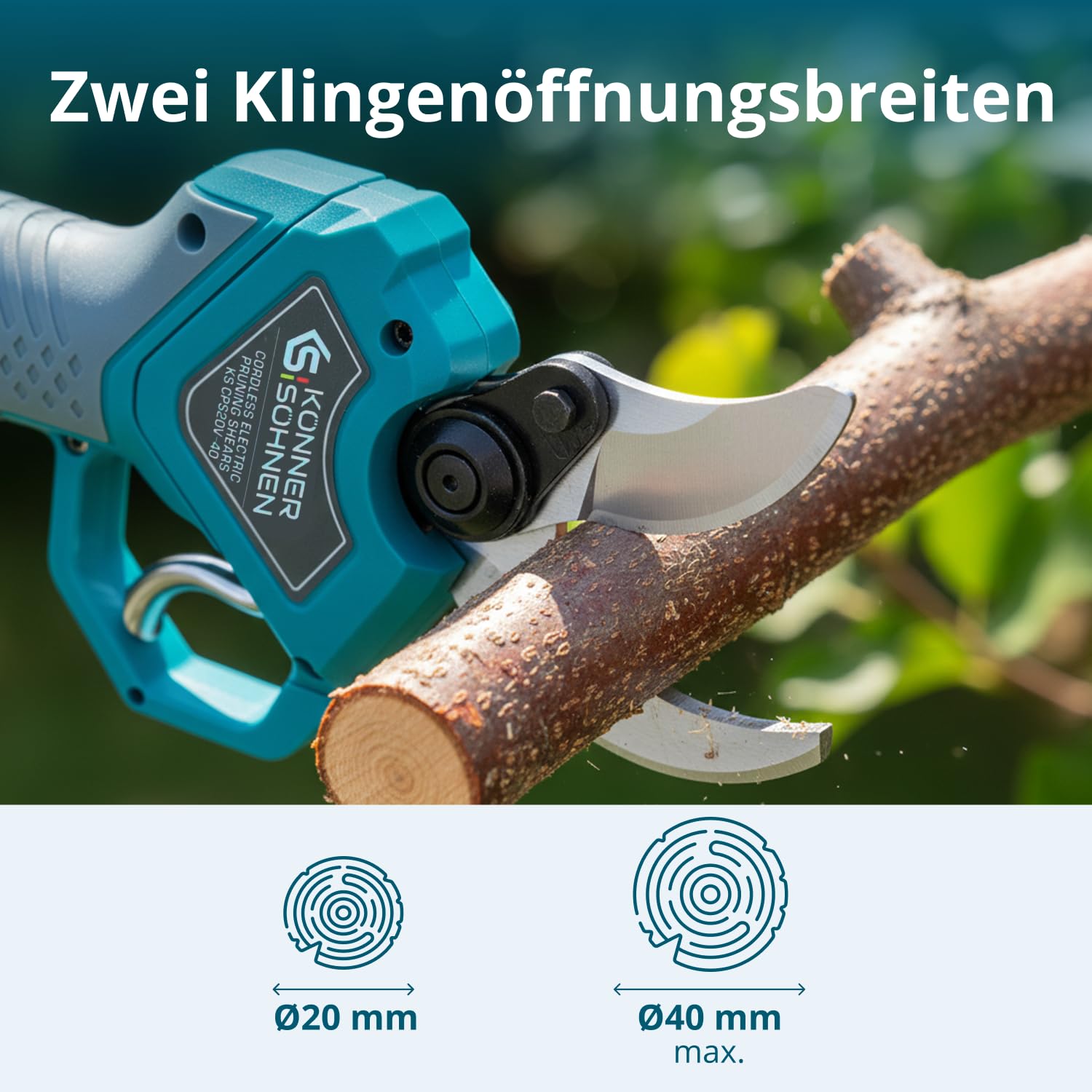 K&S Könner&Söhnen KS CPS20V-40 Case akumulatorowe nożyce do gałęzi, szerokość otworu 40 mm, miękki uchwyt, akumulatorowe nożyce ogrodowe z akumulatorem i ładowarką, nożyce ogrodowe z czujnikiem