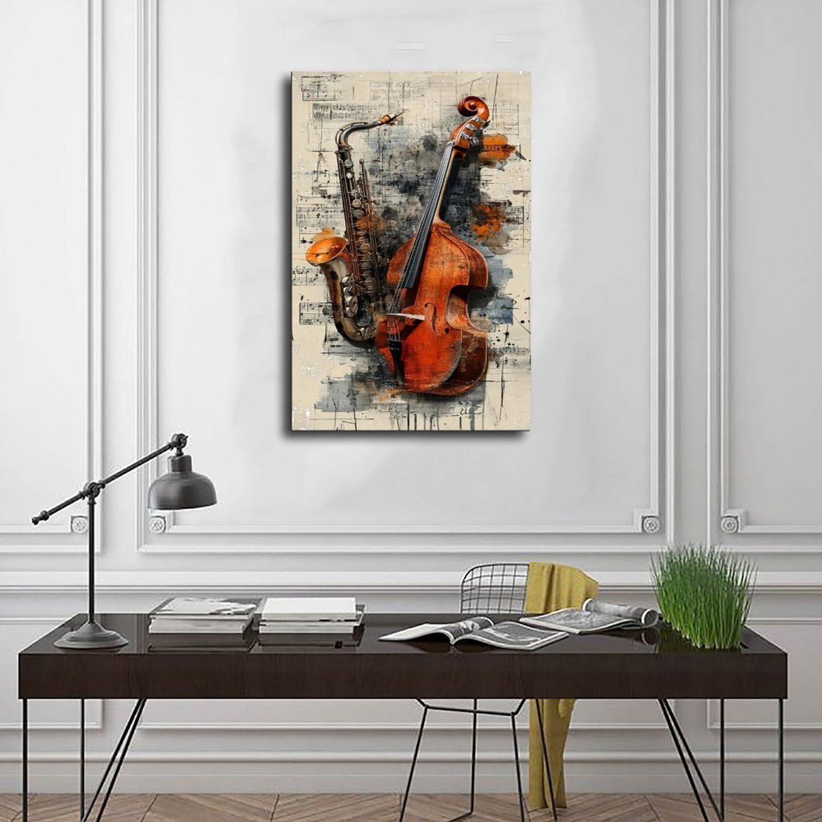Poster su tela a tema musica jazz sinfonia sassofono e violoncello, decorazione artistica da parete per soggiorno, camera da letto, decorazione, 61 cm di lunghezza x 91,4 cm di larghezza