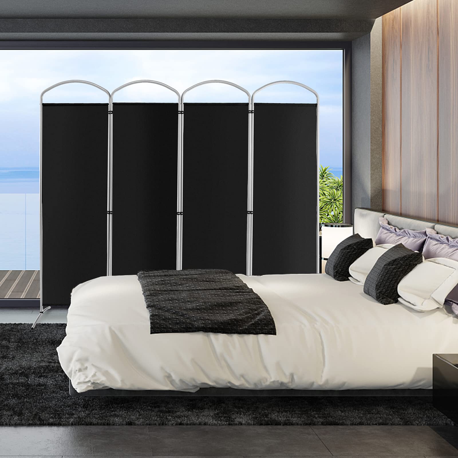 COSTWAY Paravento Pieghevole a 4/6 Pannelli, Separé Divisorio Interno ed Esterno, Pannelli Divisori per Camera da Letto, Ufficio e Soggiorno (221 x 188 cm 4 Pannelli, Nero)