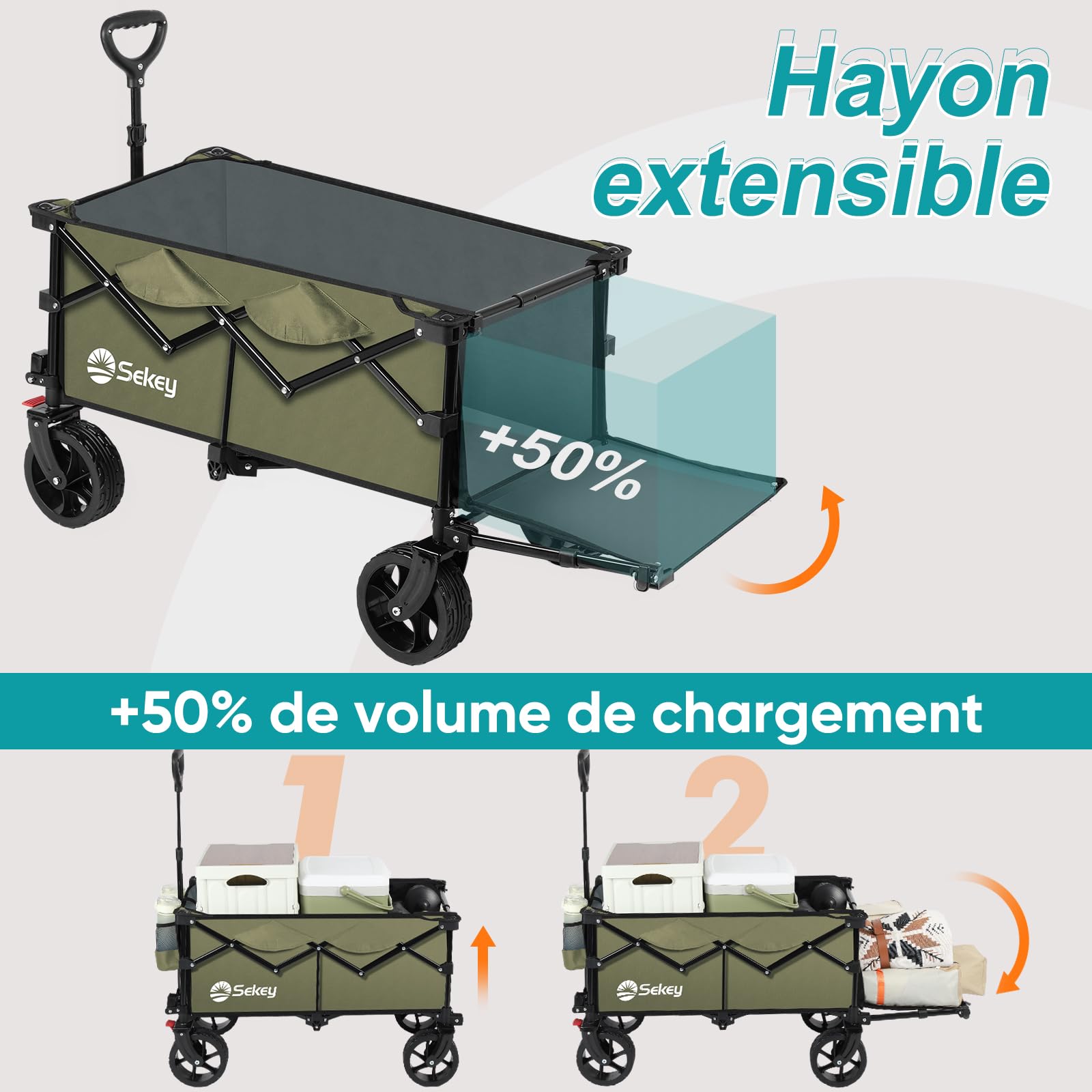 Sekey Chariot de Transport Pliable avec Hayon Arrière Extensible 135L & 200L, Chariot de Plage Pliable dans Quatre Directions jusqu'à 150KG SE4019, Vert Olive
