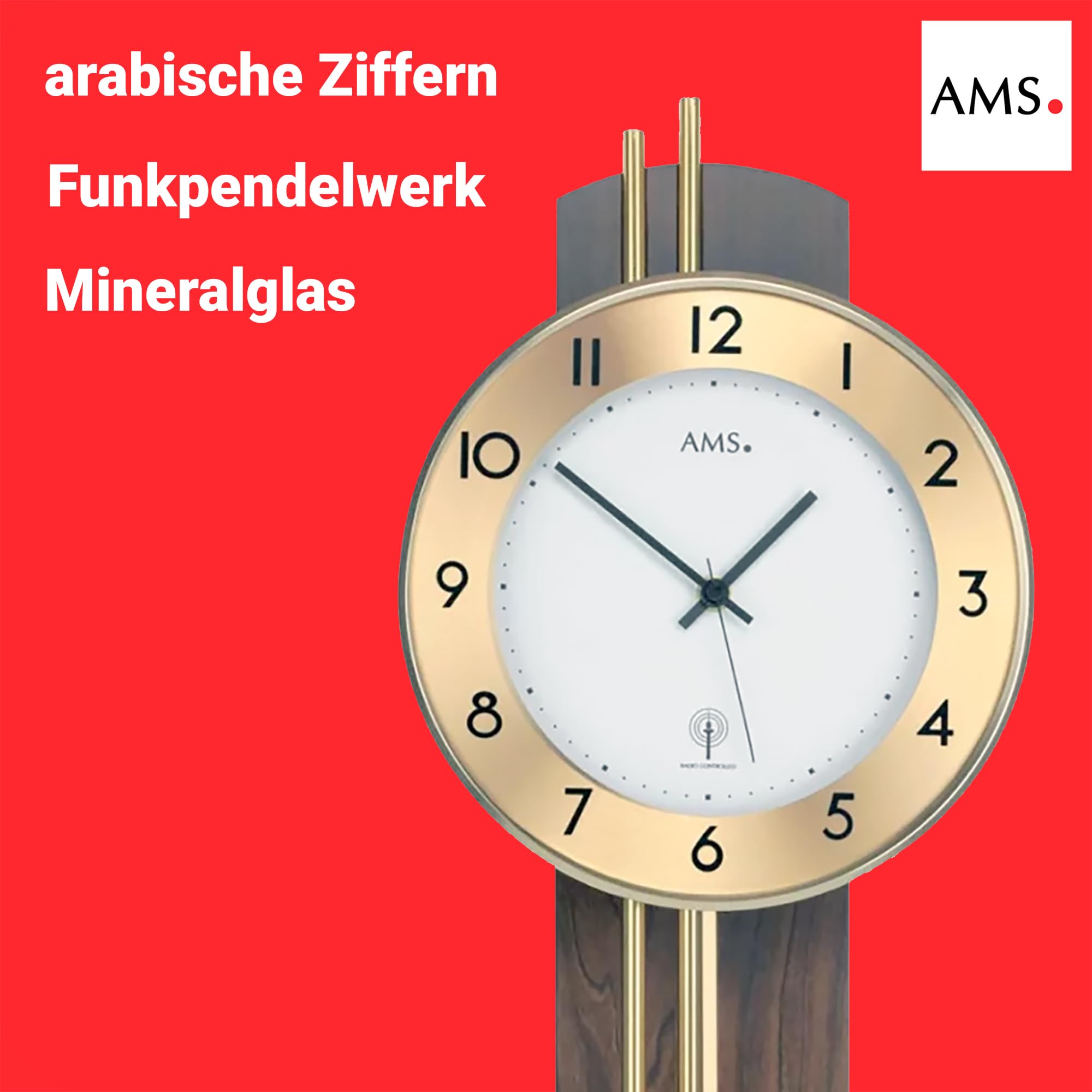 AMS 5266/1 Wanduhr - mit Funkpendelwerk, Elegante Funkpendeluhr, Uhr mit Pendel, Funkwanduhr mit arabischen Ziffern, Mineralglas, Pendeluhr für Wohnzimmer & Büro, Nussbaumoptik, Maße: 22 x 62 x 8 cm