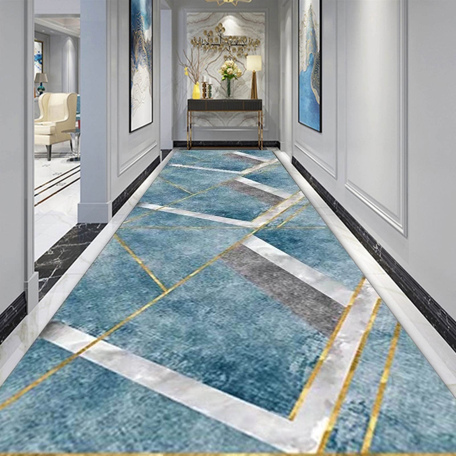 YJRBZ Long Carpet Hallway Hall Stairs Narrow Runner Rug, Geometry Area Rugs with Non Slip Backing, Carpet Runner 100cm 1.5m 2m 300cm 4m 5m 6m Floor Mat - Blue (Size : 60x100cm/2ftx3.3ft)