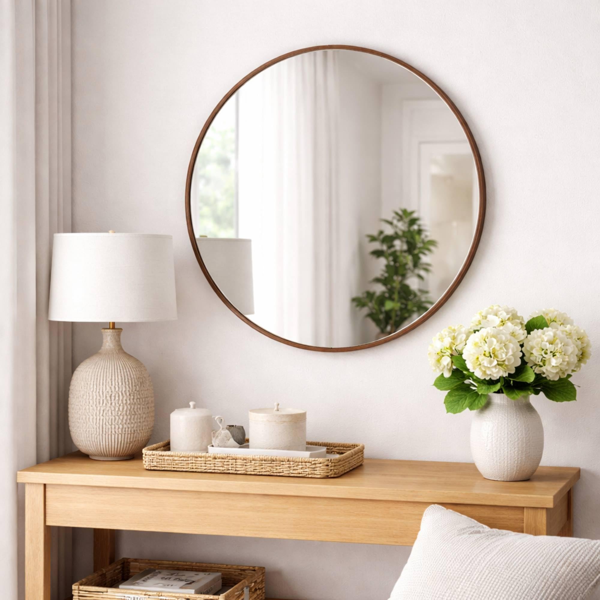 Well Home Espejo Redondo Ø60cm Marco de Madera Oscura, con Gancho Trasero, Ideal para recibidor o baño