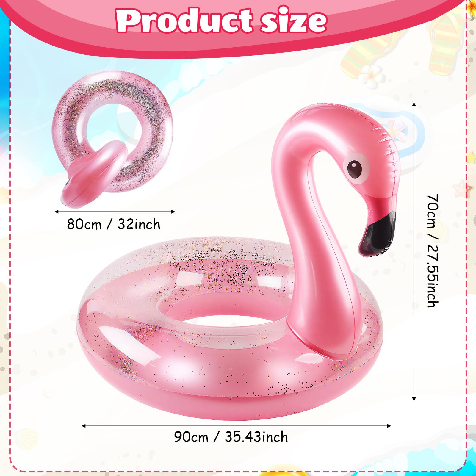 Yisscen Anello da nuoto gonfiabile, con fenicottero, 90 cm, con glitter rosa, per piscina, per feste estive, adulti, bambini