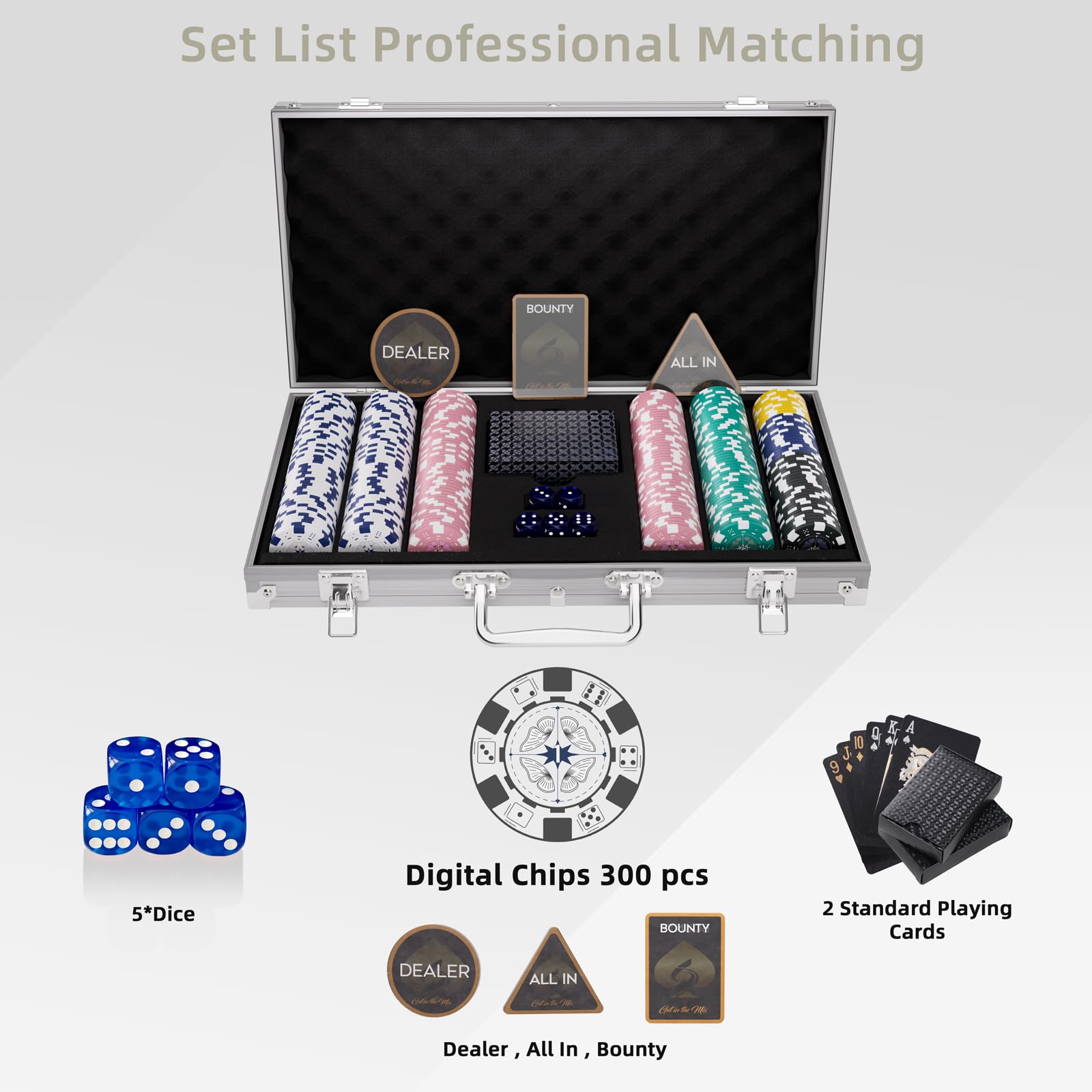 Lot de 300 jetons de Poker 11,5 g avec dénominations, Jeu de jetons de Poker Professionnel et Texas Holdem avec étui, jetons de Poker numérotés en Argile pour Nuit de Jeu à Domicile