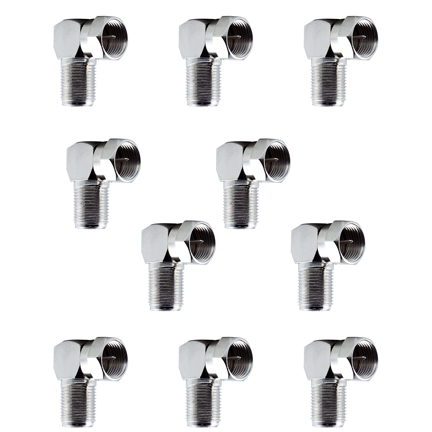 GE Right-Angle F-Type Connector Adapter, 10-Pack, for RG59 RG6 F-Type Coaxial Cables, 90-Degree Male-to-Female Connector, Screw-On Installation, No Tools Required, with Resealable Bag, 51201