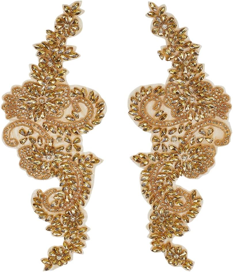 FINGERINSPIRE 1 Pair Handmade Beaded Appliques Gold Handmade Rhinestones Lace Trim Patches 5.8x15.2 Inch Handcrafted Rhinestone Beaded Patches for DIY Crafting Evening Gowns
