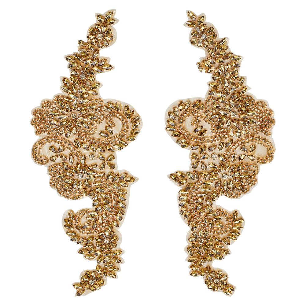 FINGERINSPIRE 1 Paire Appliques Perlées Faites à la Main Patchs de Bordure en Dentelle Avec Strass Dorés Faits à la Main Patchs de Perles en Strass Faits 14.8x38.6cm pour Robes de Soirée
