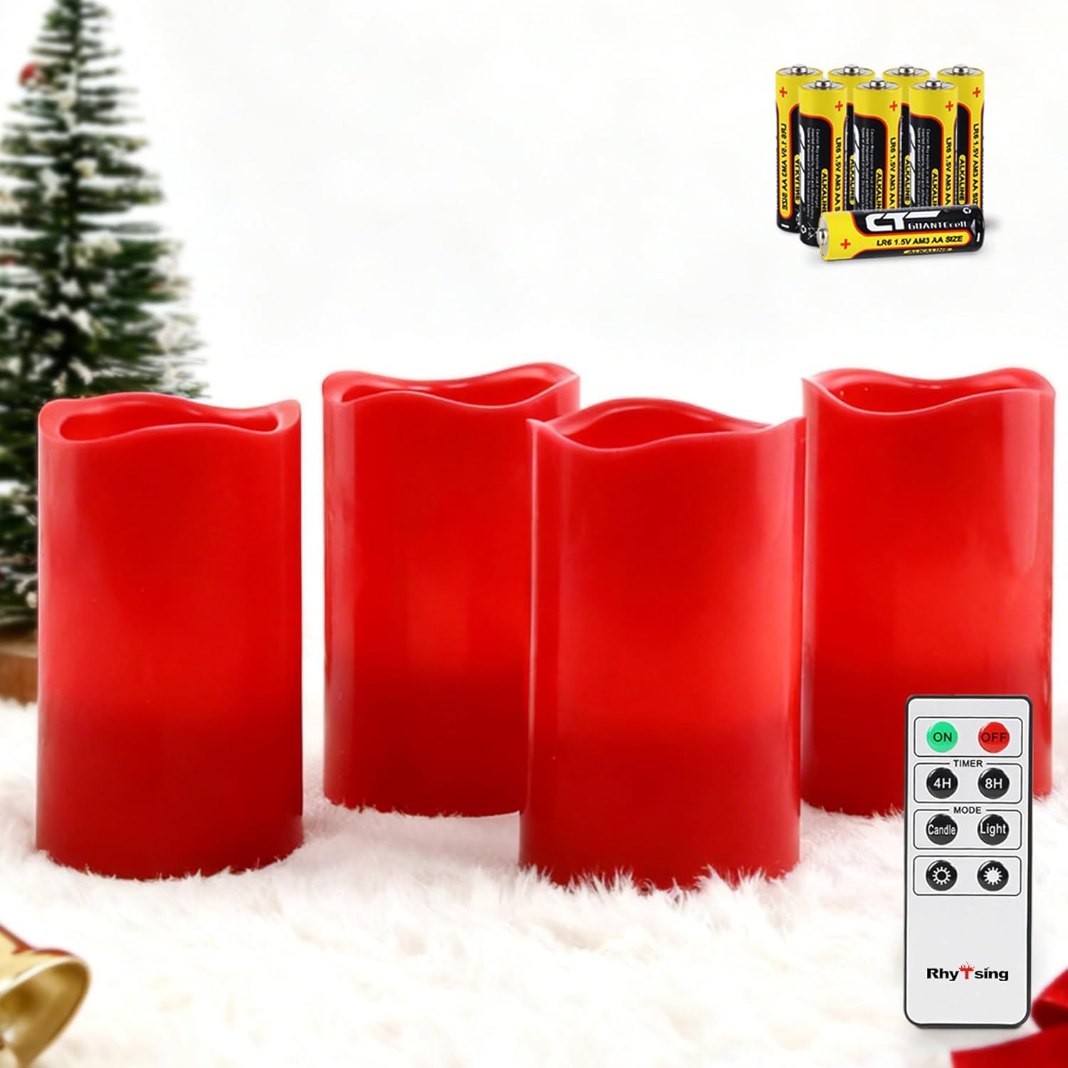 Rhytsing Real Wax Battery Operated Candles with Timer, Realistic Flameless Pillar Candles for Christmas and Advent D3 x H5 inches, Batteries and Remote Included - Set of 4 - Ivory