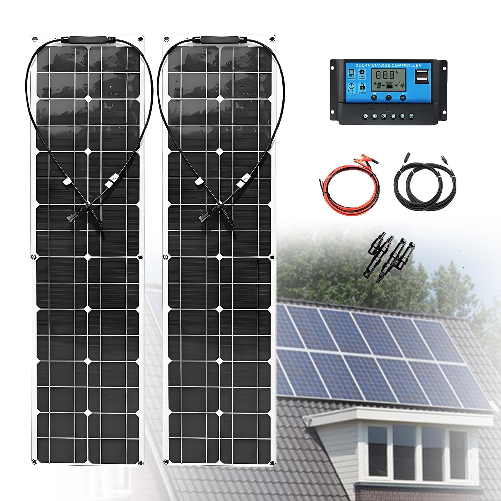 Pannello Solare Flessibile 400 W Modulo Fotovoltaico Monocristallino 18 V Regolatore Solare 40 A per Sistemi off-Grid Camper Roulotte Barche Tetti Superfici Irregolari 2 * 400W