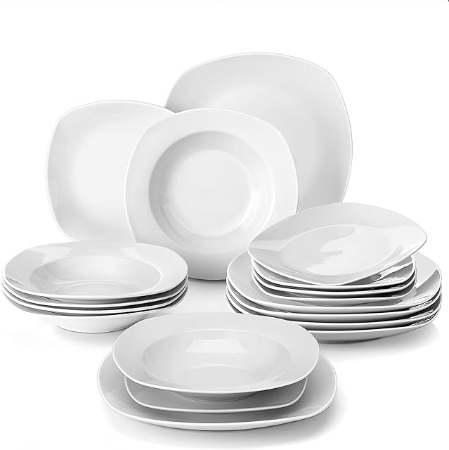MALACASA Dinner Sets, 18-Piece Ivory White Porcelain Plate Set with 6-Piece Dinner Plate/Soup Plate/Side Plate, Dinnerware Set Service for 6, Series Elisa