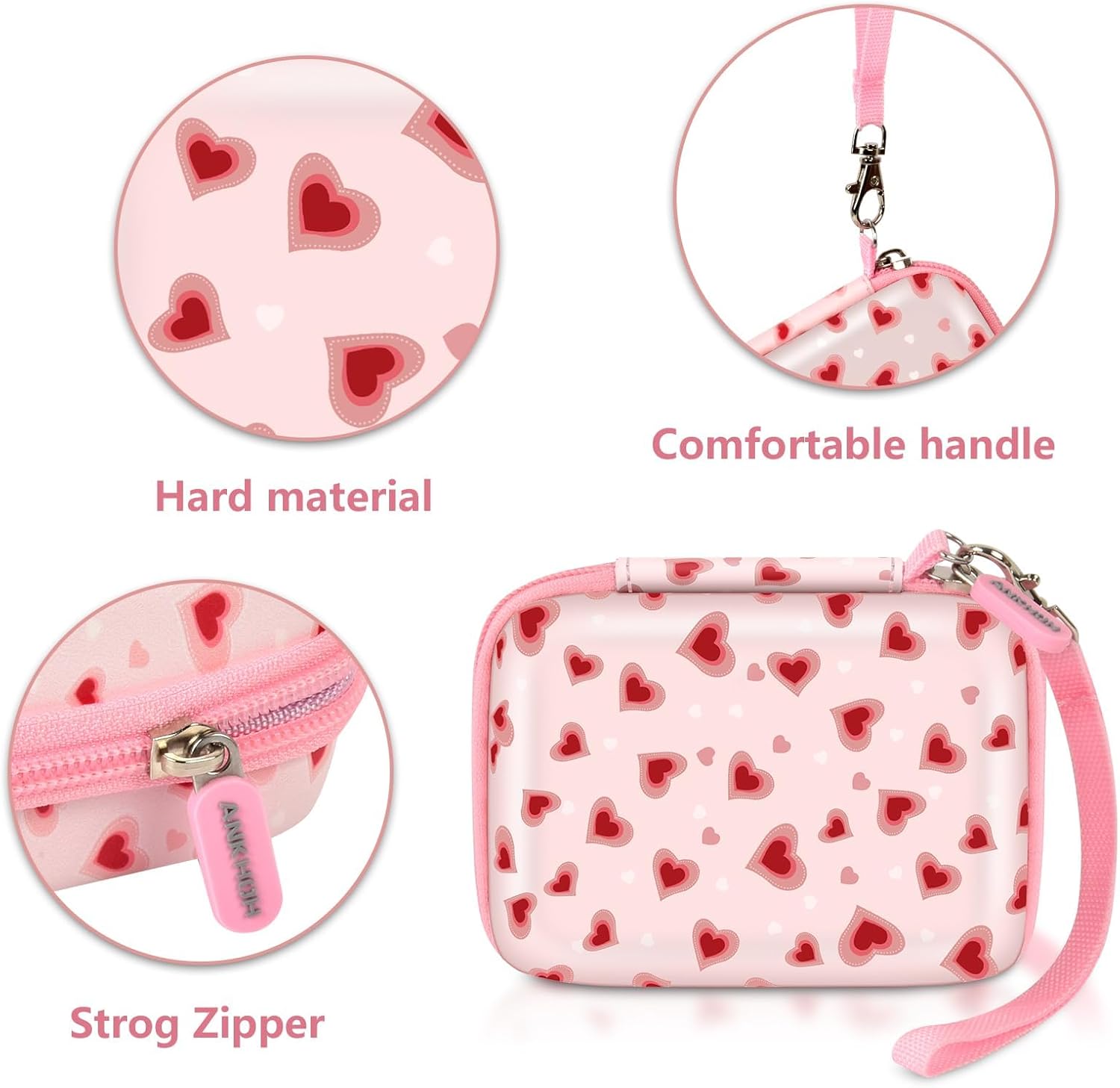 Hard Case for Kodak Pixpro, for Camkory 48MP FHD-Digital Camera Case & Small Camera Bag for Vjianger, for Lecran, for Polaroid for Sony for Canon-Shockproof Travel Pouch with Mesh Pocket(Light Pink) - Image 3