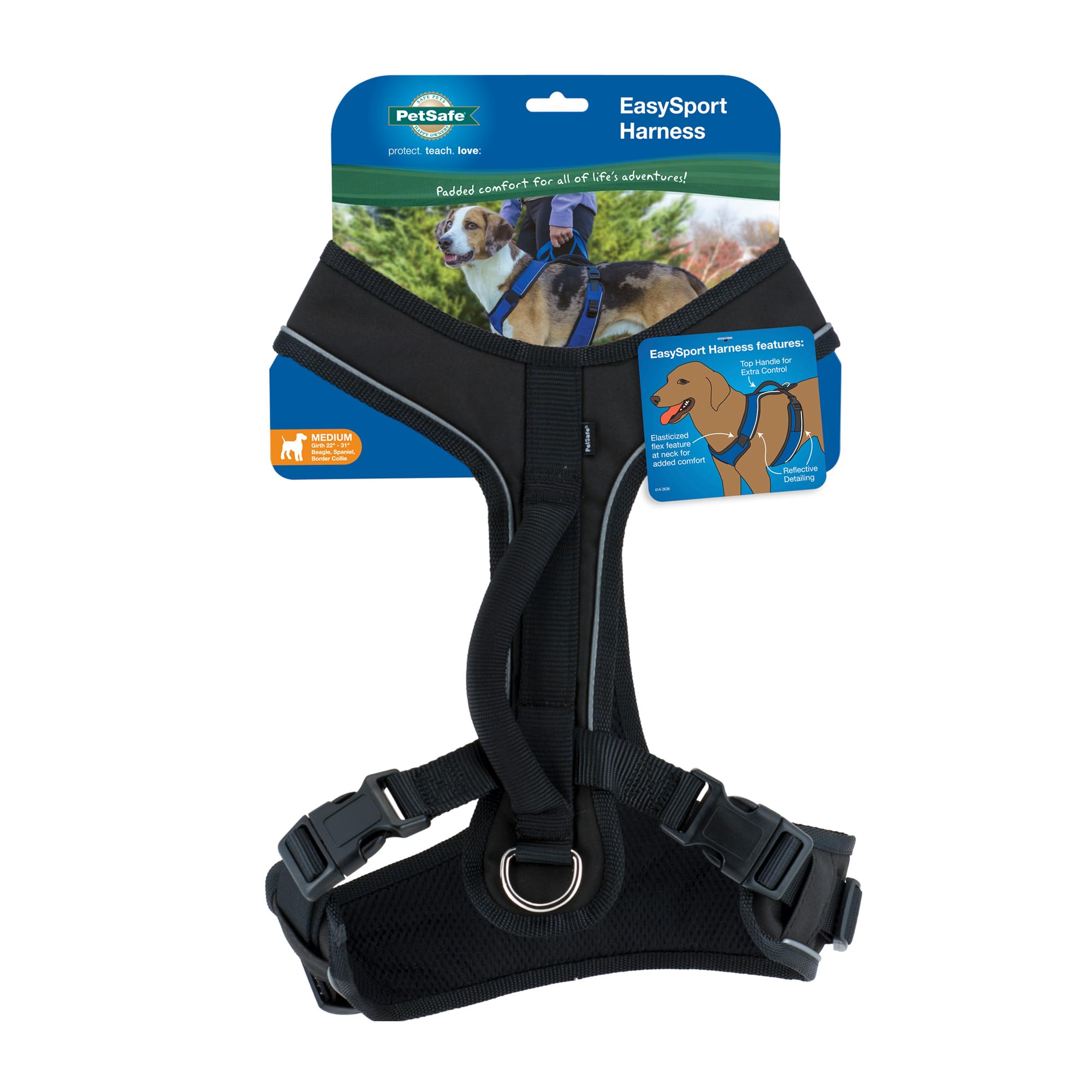 PetSafe EasySport - Harnais pour Chien - Réglable - Rembourré - avec poignée de contrôle et Passepoil réfléchissant - Taille M - Noir