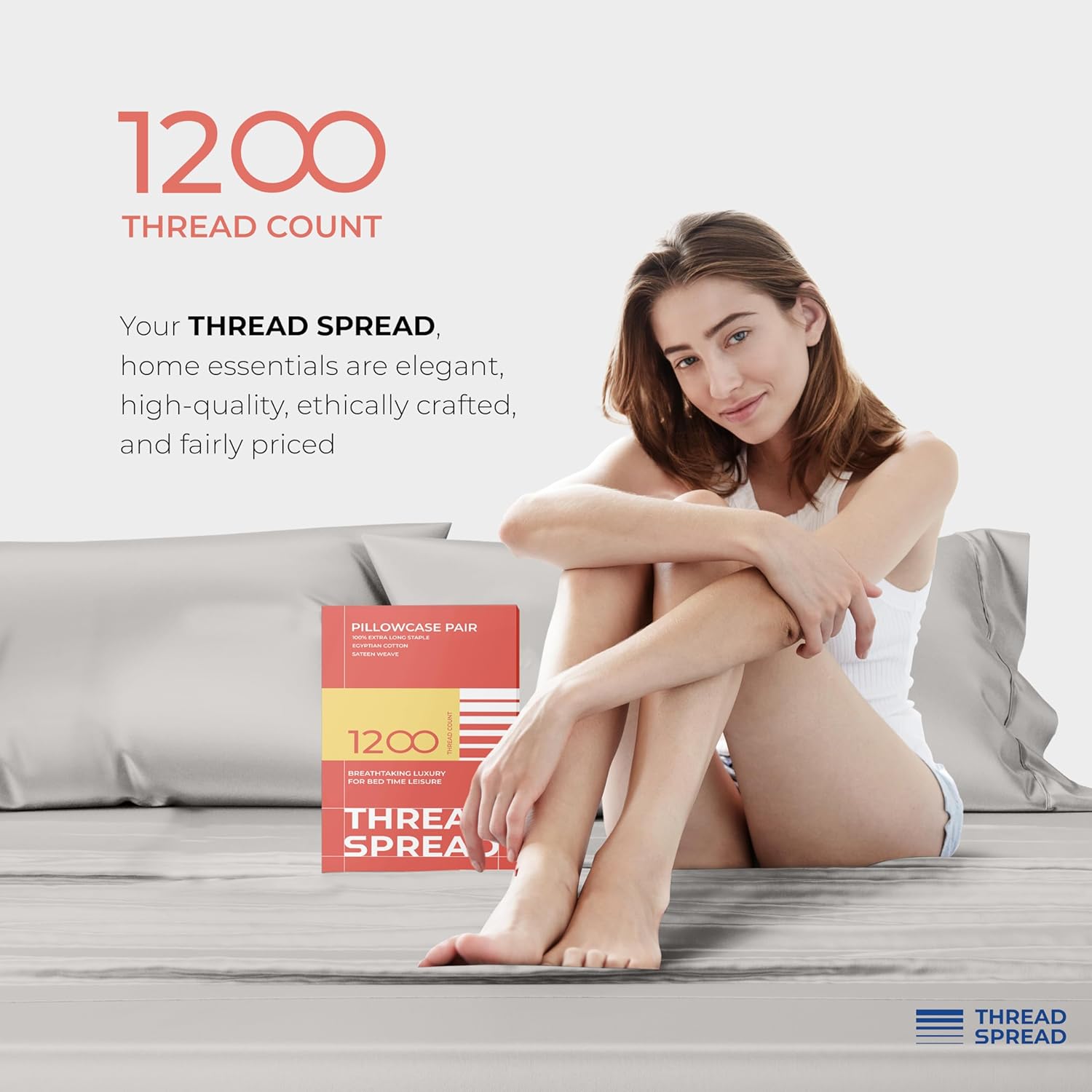 Thread Spread 100% Egyptian Cotton Pillow Cases King Size Set of 2 - Luxury 1200 Thread Count Sateen Weave Light Grey Pillow Covers, Silky Soft Extra Long Staple Pillowcases, Fits King Size Pillows