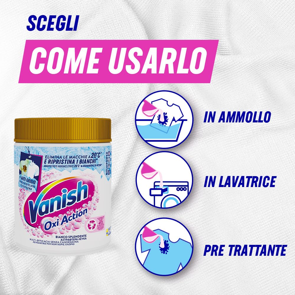 Vanish Oxi Action Multipower Polvere Bianco Splendente, Smacchiatore per Capi Bianchi, 1 Confezione da 500 g per Bucato, Additivo Lavatrice Multiazione senza Candeggina