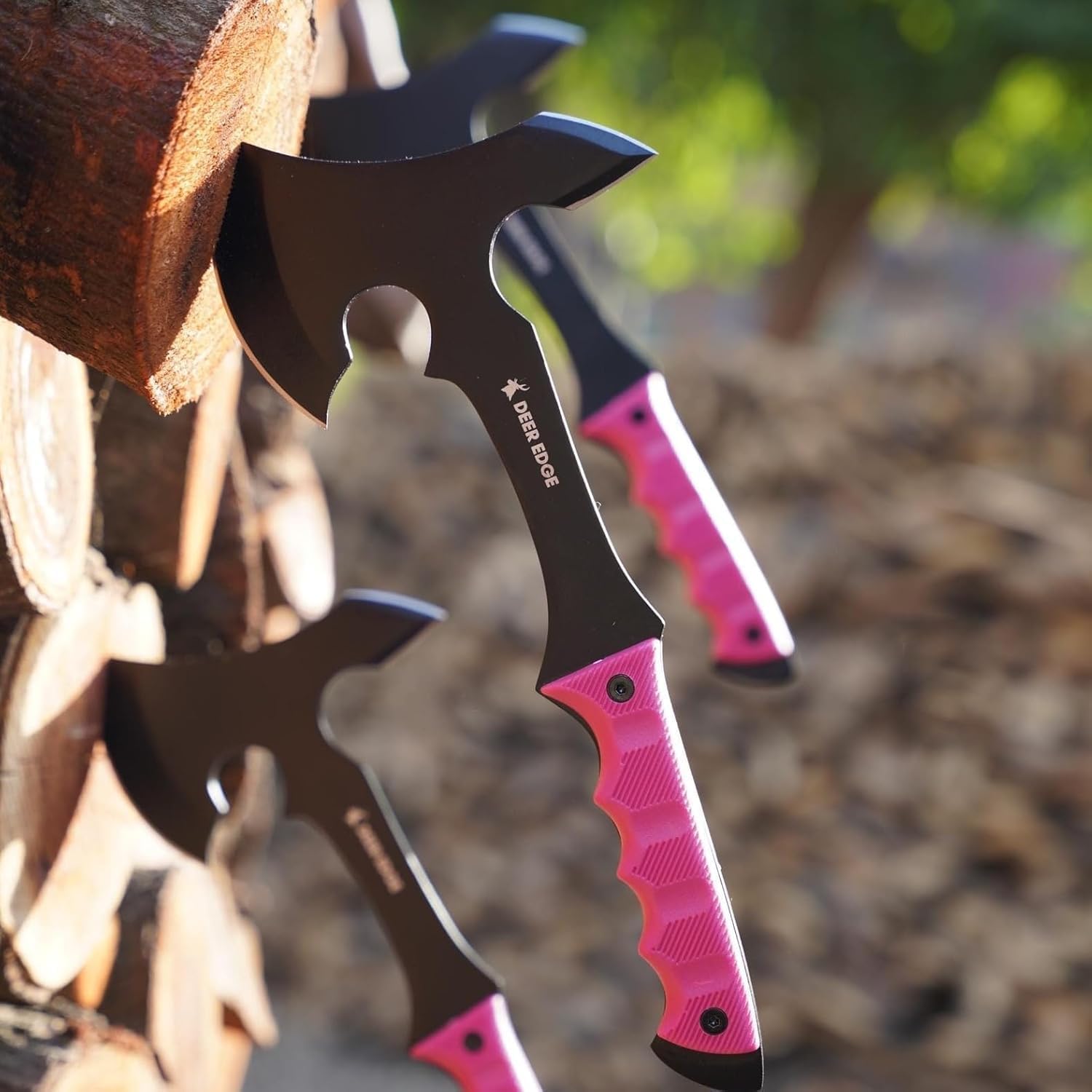 11.5" Throwing Axe Set – Professional Throwing Axe Pack of 6 - Chopping Hatchet with Pink Rubber Handle & Nylon Sheath – Small Outdoor Camp Hatchet for Axe Throwing Game